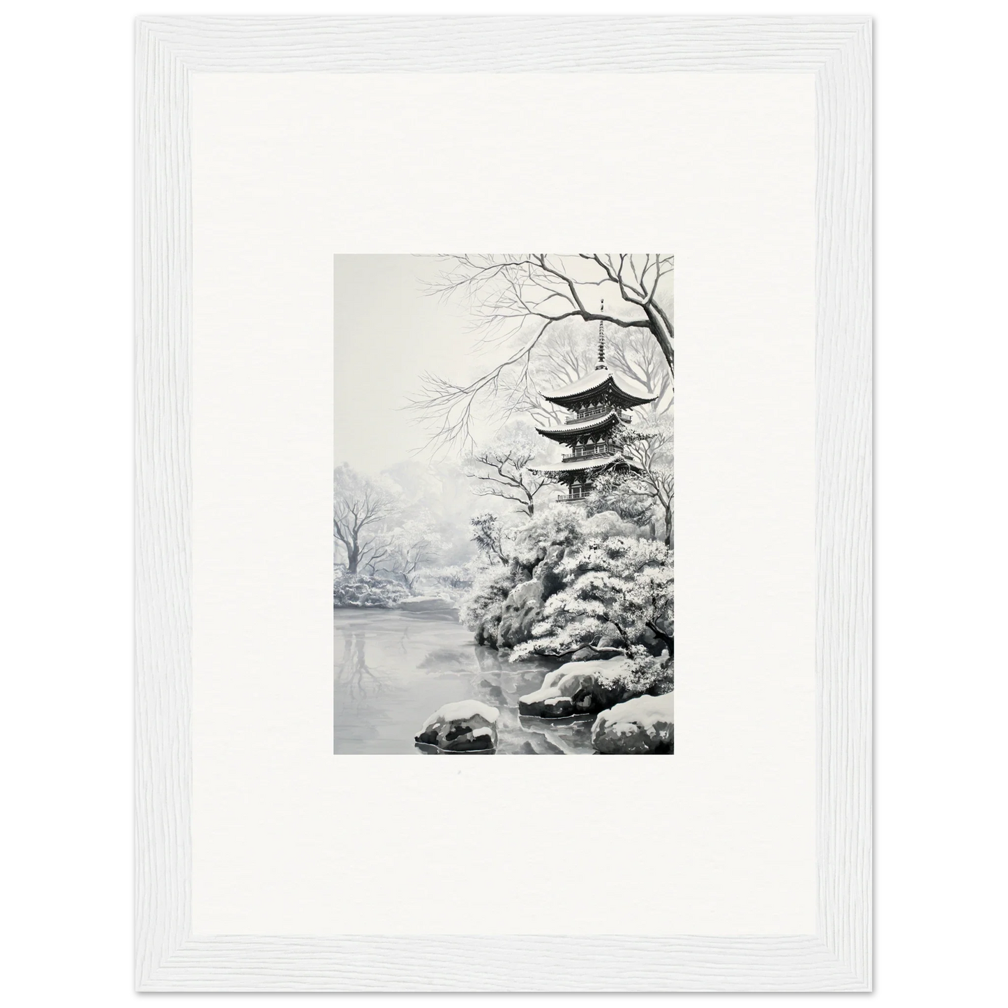 Black and white ink painting of a pagoda by a lake in Crystallized Blossom Oasis framed wall art