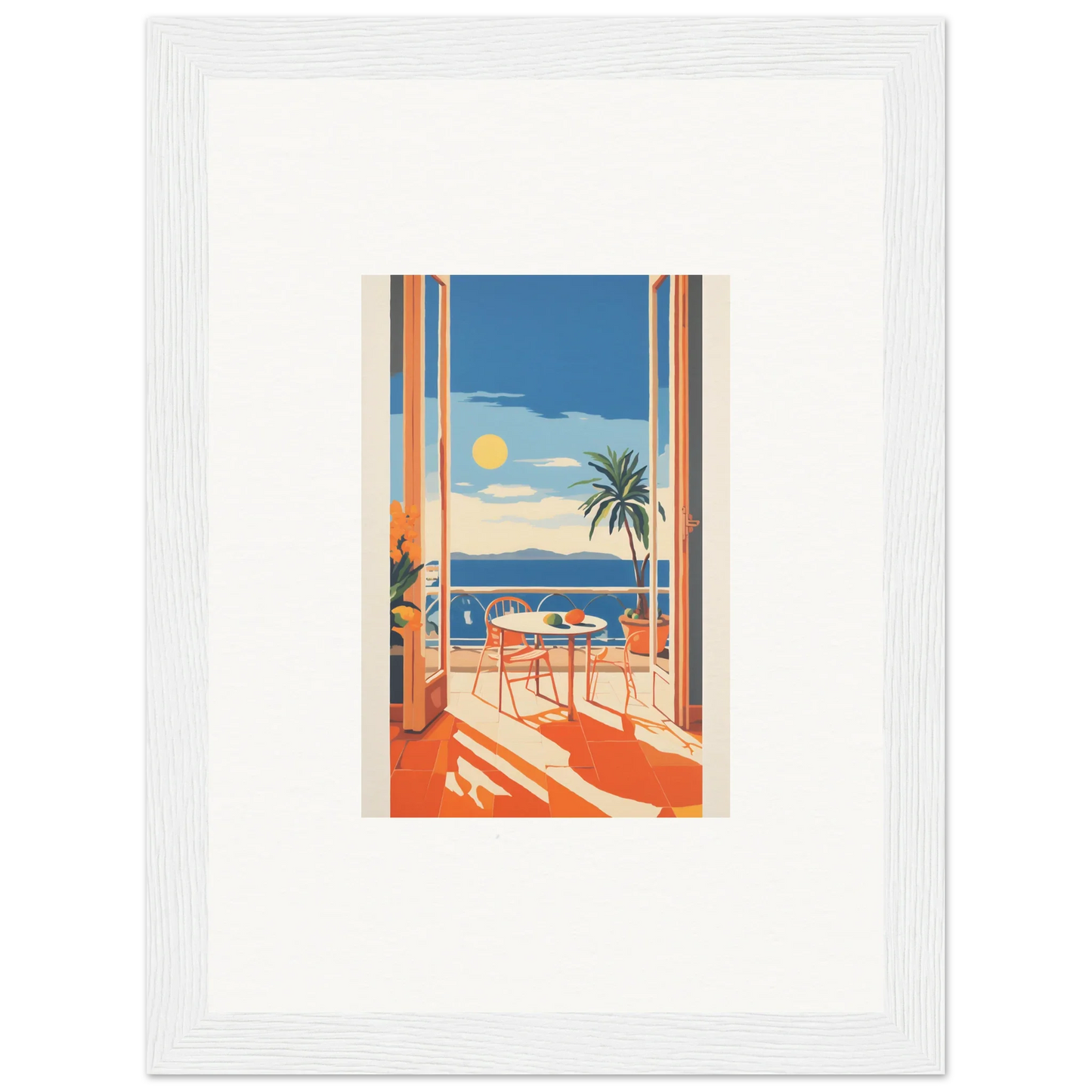 Vintage travel poster of a sunny balcony for Tranquil Mirage Brunch framed posters
