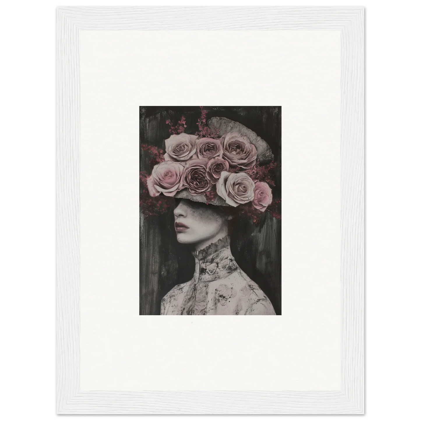 Artistic black and white photo of pink roses in a crown for the Floral Odyssey Veil