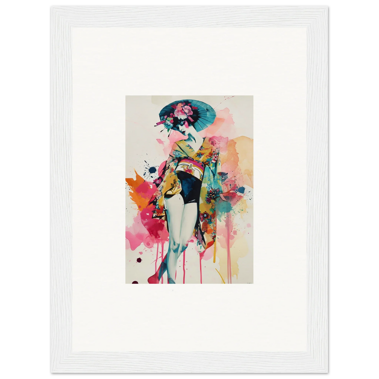 Colorful abstract geisha canvas print perfect for quirky room decoration and vibrant wall art