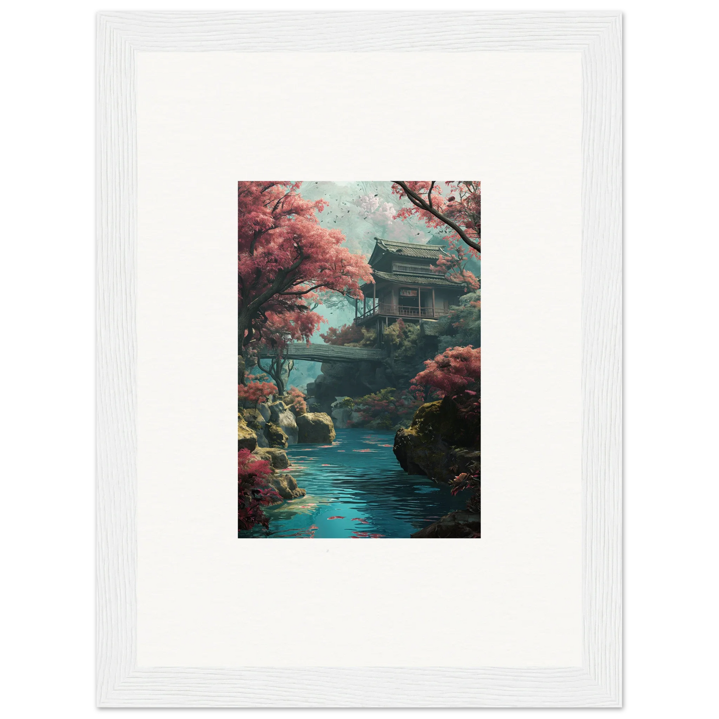 Traditional Japanese pagoda by a stream with cherry blossoms in Serenity’s Dreamscape art