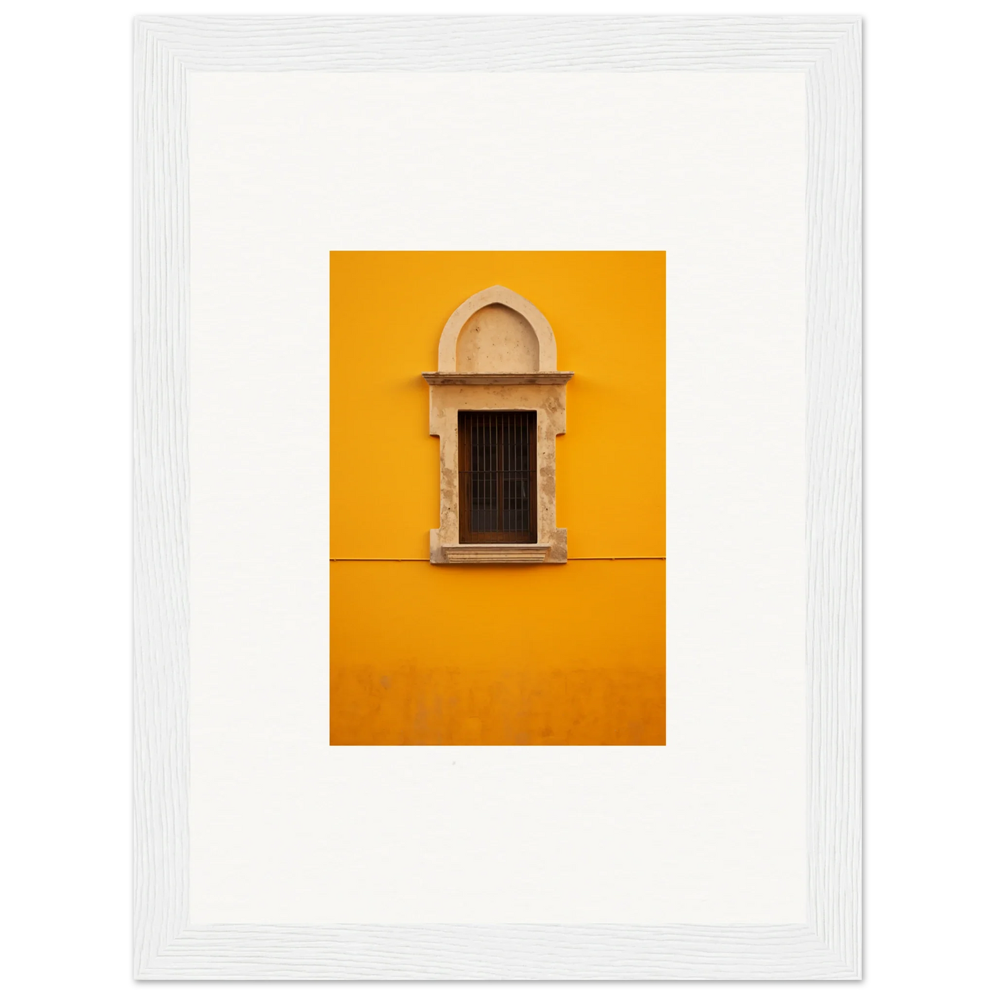 Ornate stone window frame on vibrant yellow wall for Golden Correspondence Portal art