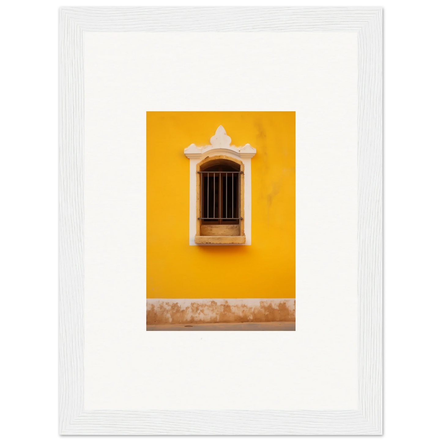 Ornate window with white trim and metal bars on yellow wall of Daisy Dreamgate Portal
