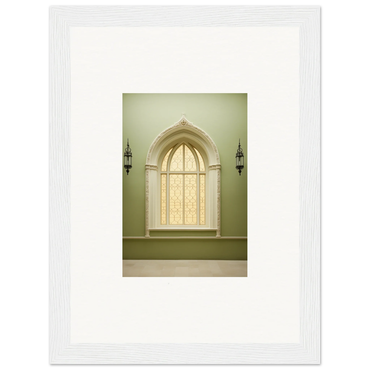 Arched window with ornate trim and lanterns in Opalescent Tranquility Dwelling art