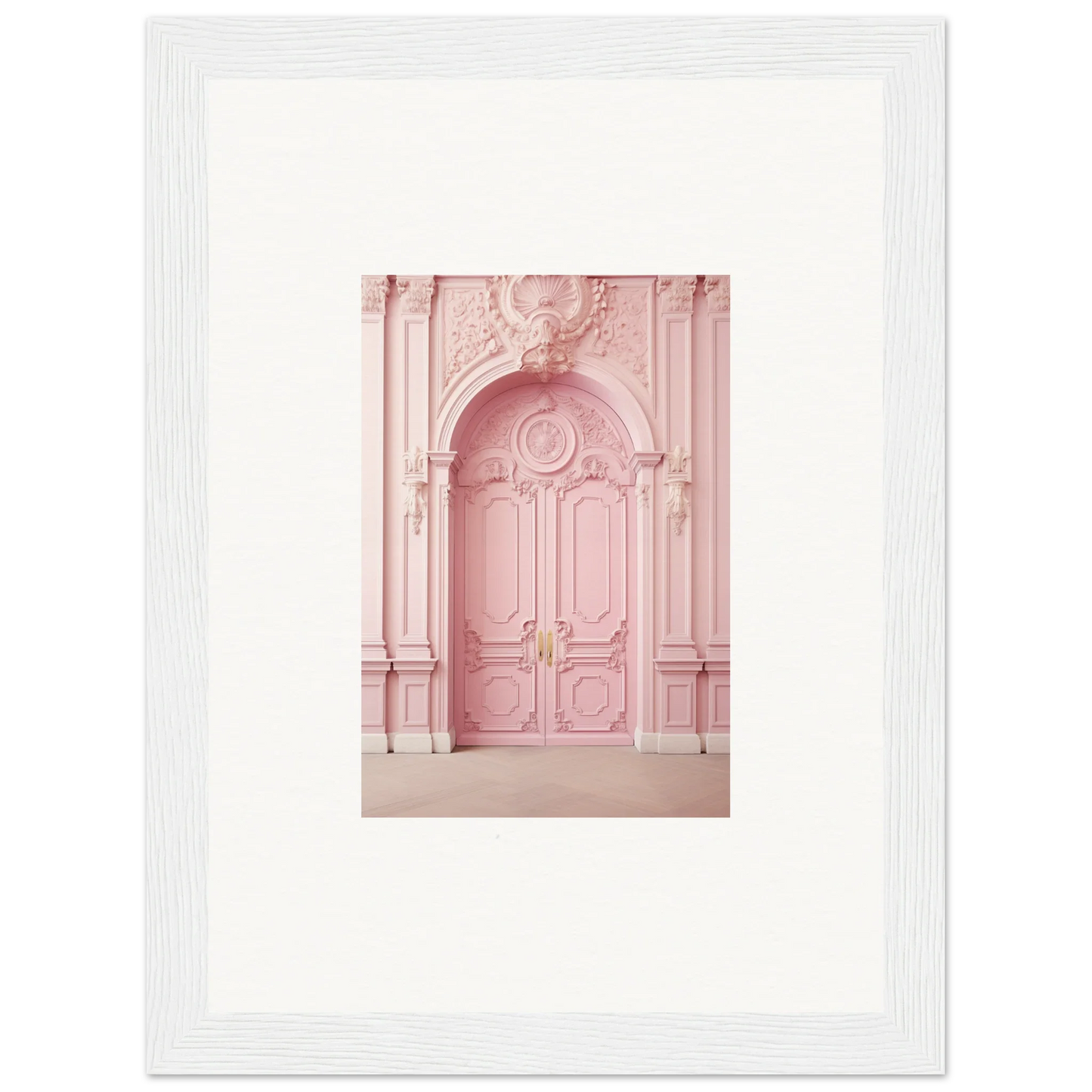 Ornate pink door with baroque moldings from the Blush Merciful Renaissance collection
