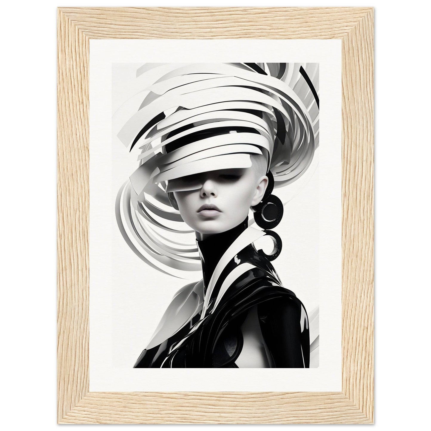 Striking black and white portrait of a person wearing an elaborate swirling hat or headpiece.