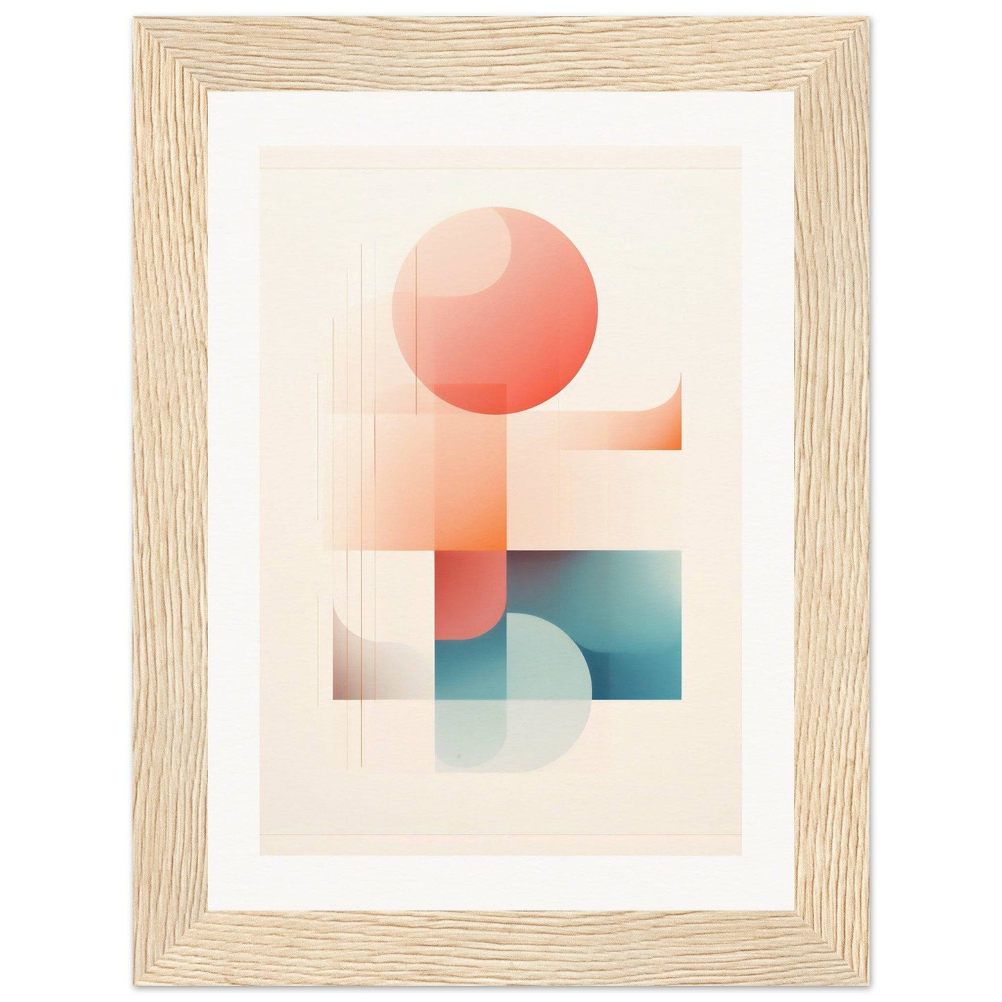 Abstract geometric artwork featuring soft-colored shapes including a coral circle, rectangles, and a teal semicircle.