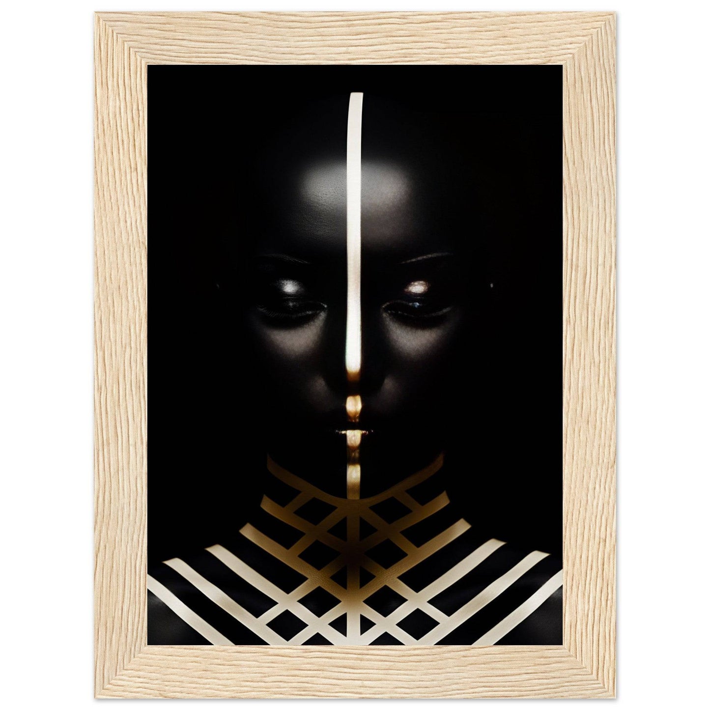 Striking portrait featuring a dark face with glowing eyes behind intersecting white and gold lines.