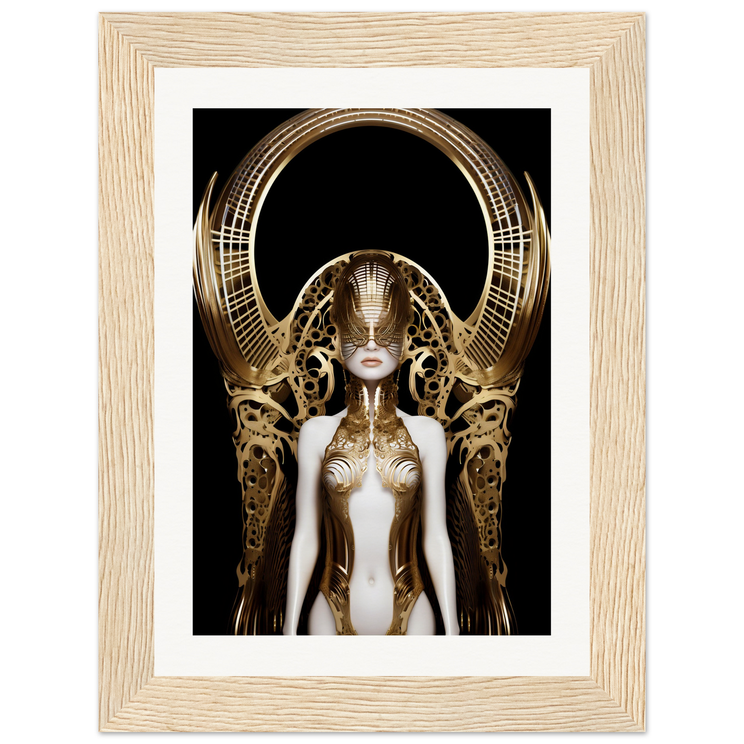 Surreal golden-adorned feminine figure with an elaborate headdress and ornate metallic designs.