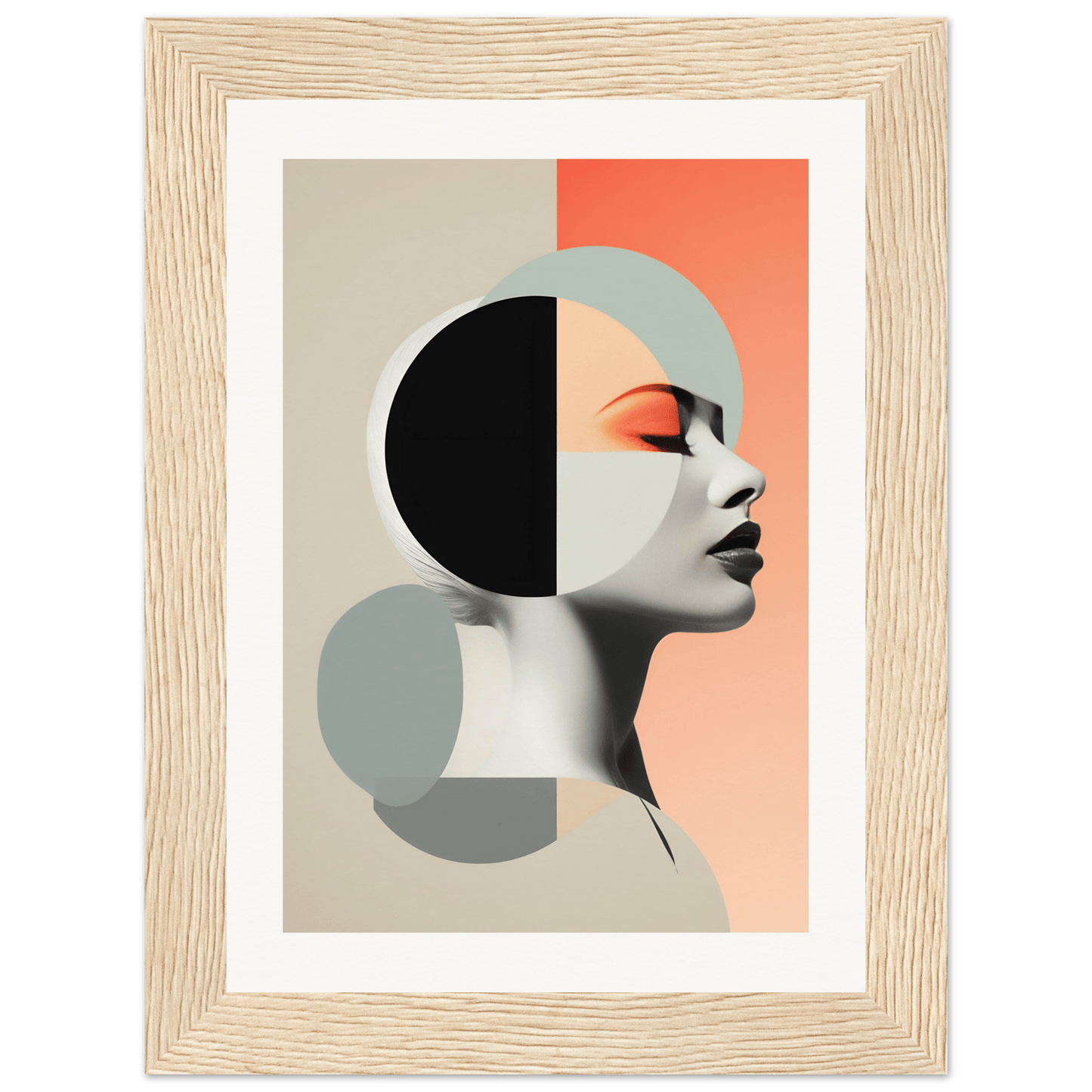 Abstract portrait featuring geometric shapes and a stylized profile against a color-blocked background.