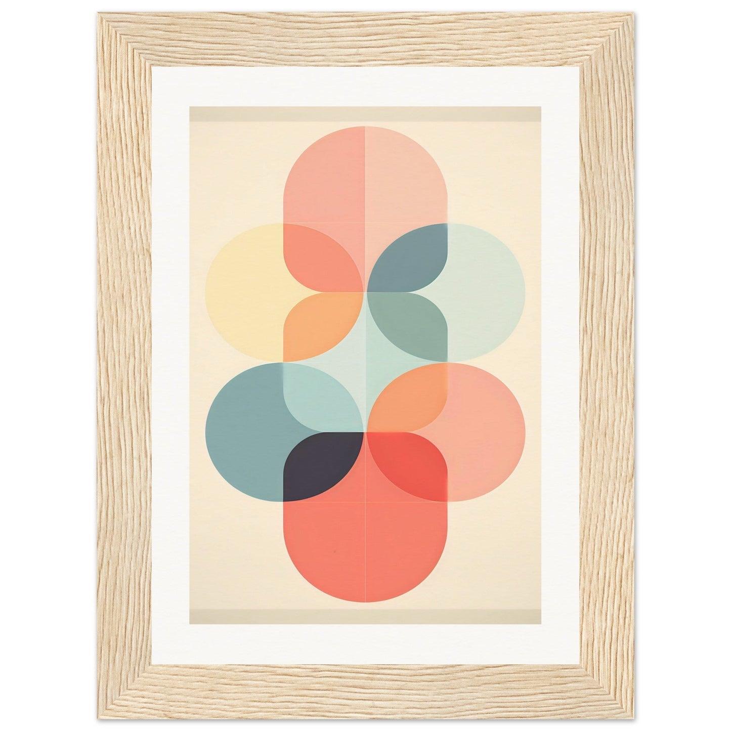 Abstract geometric artwork featuring overlapping pastel-colored circles in a wooden frame.