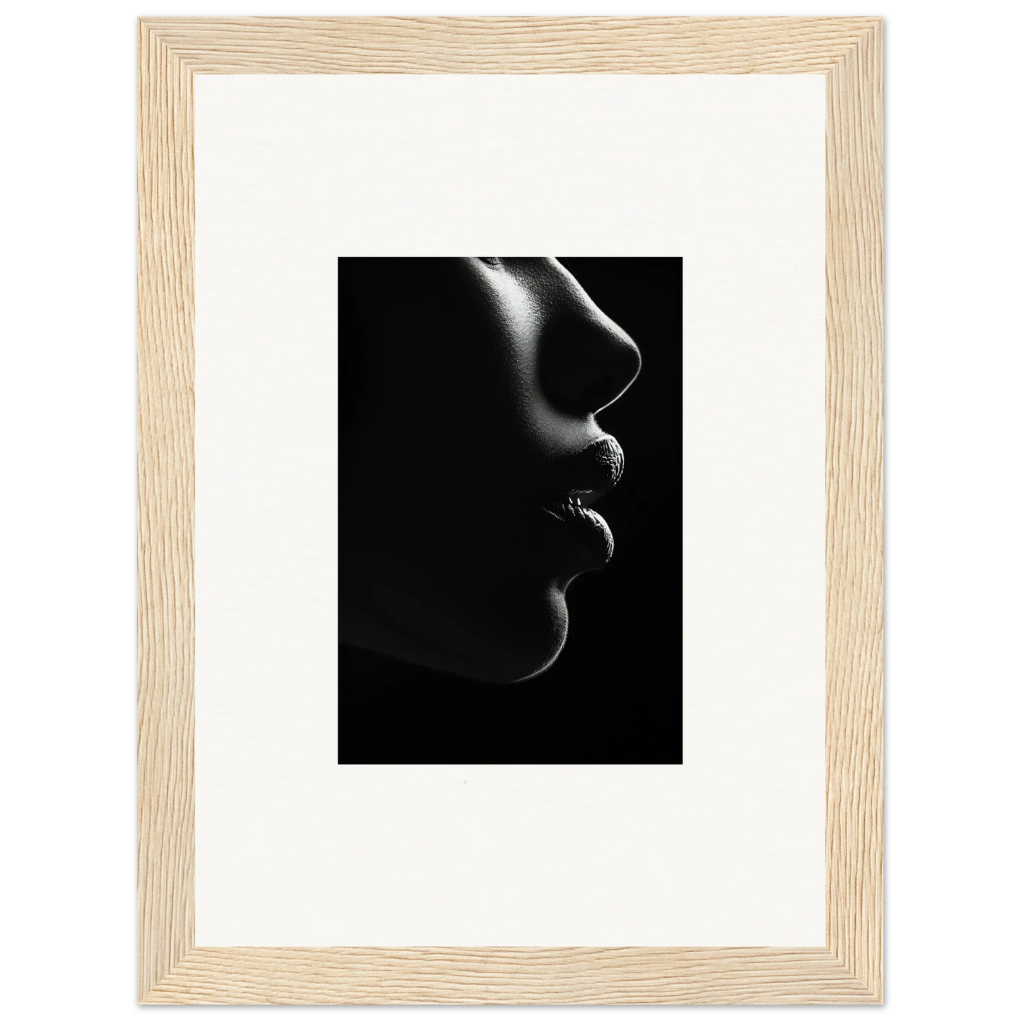 Elegant black and white silhouette of a nose and lips for Silver Twilight Whispers framed posters