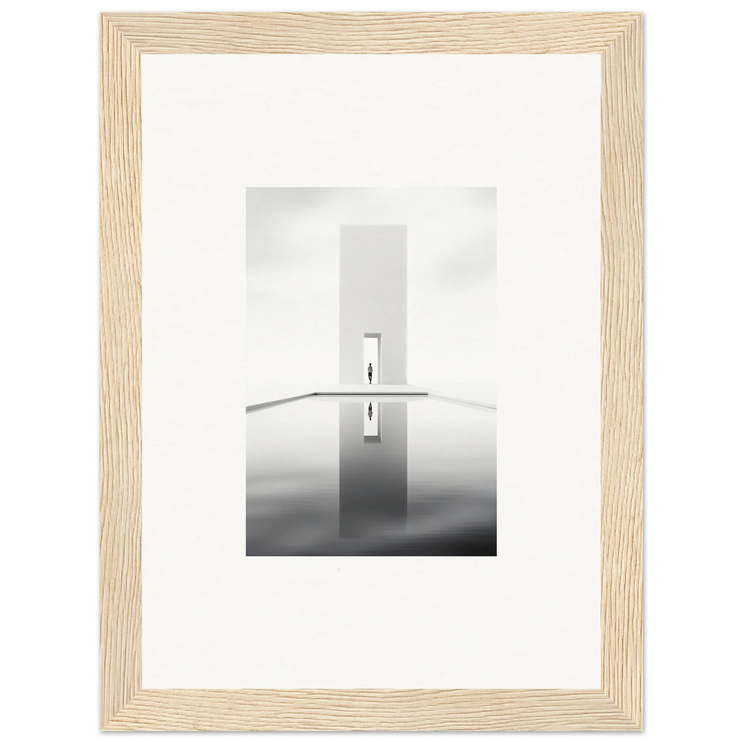 Minimalist black and white tower reflection in water for Dreamer’s Vanishing Silhouette art