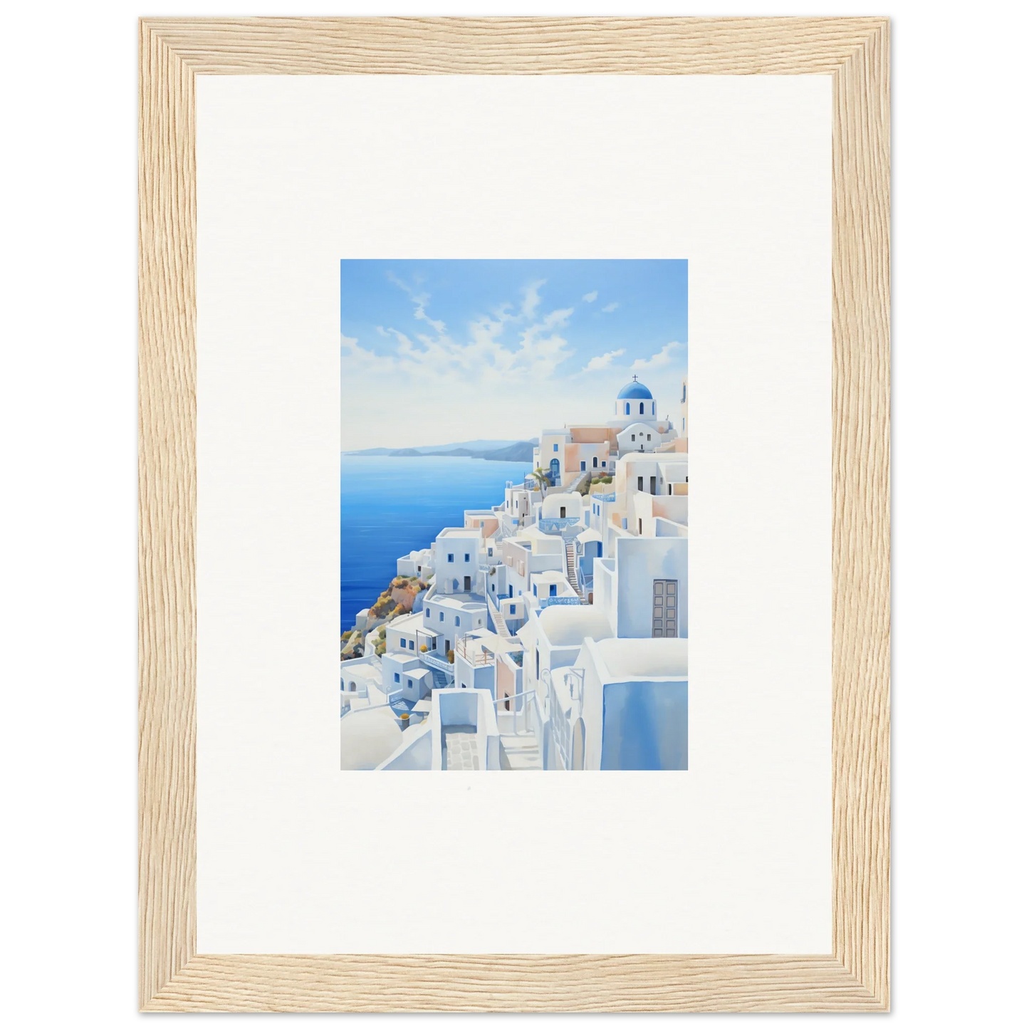 Framed wall art of Santorini with white buildings and blue domes in Dreams Overlapping Reality