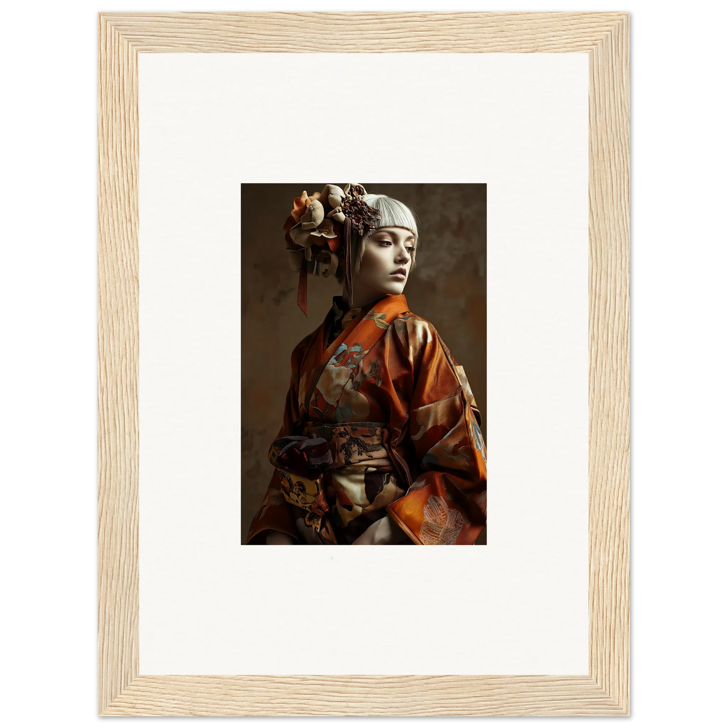 Framed wall art of a woman in traditional Asian attire for stylish room decoration