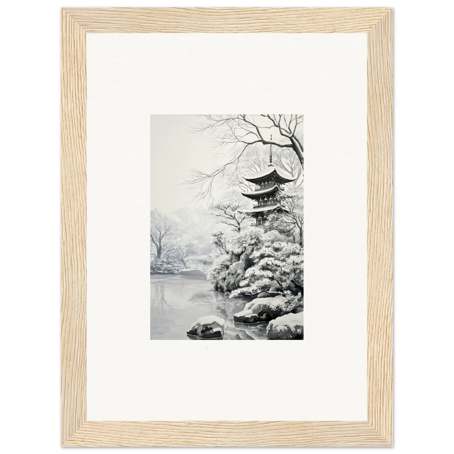 Framed wall art of a snowy pagoda in Crystallized Blossom Oasis special edition art
