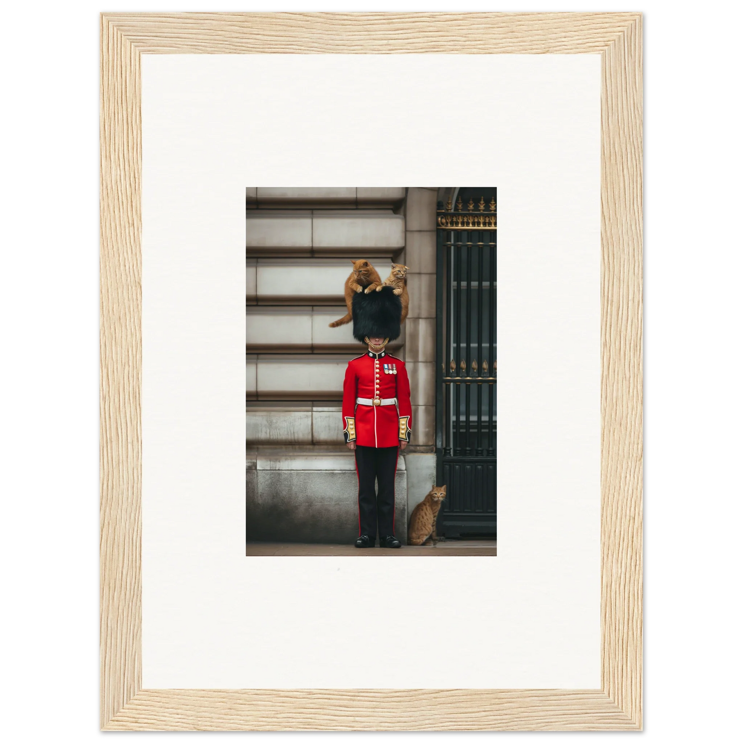 Framed poster of a Queen’s Guard and cat at Sensational Sentinels’ Playground