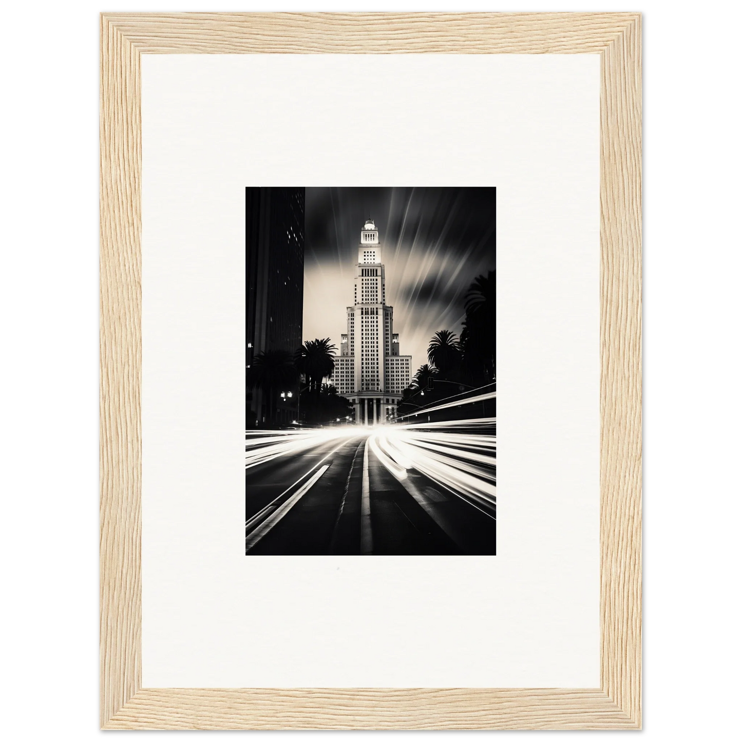 Art Deco tower with light trails in the Luminescent Metropolis Beacon framed poster