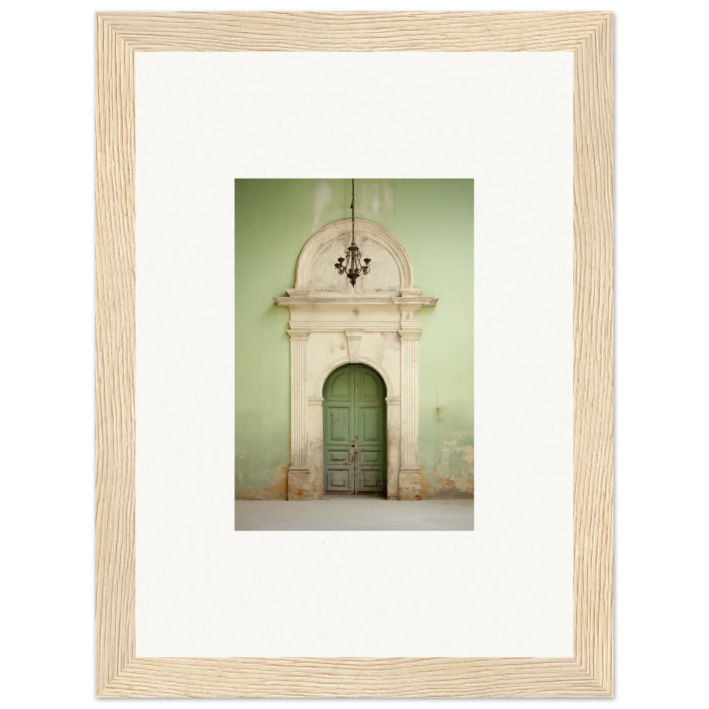 Ornate green wooden door in stone archway, part of Thresholds Quiet Whisper special edition art
