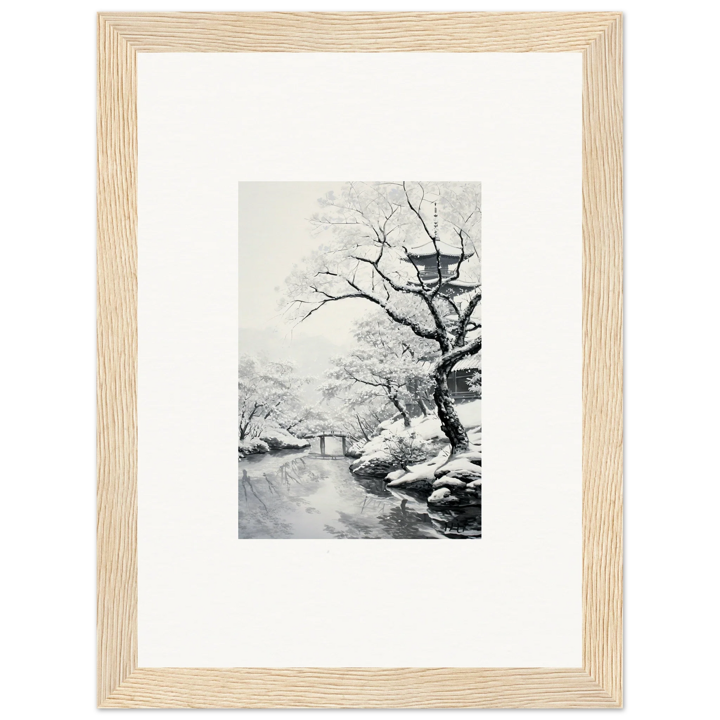 Framed black and white artwork of a snowy landscape in Chilled Lunar Embrace special edition art™