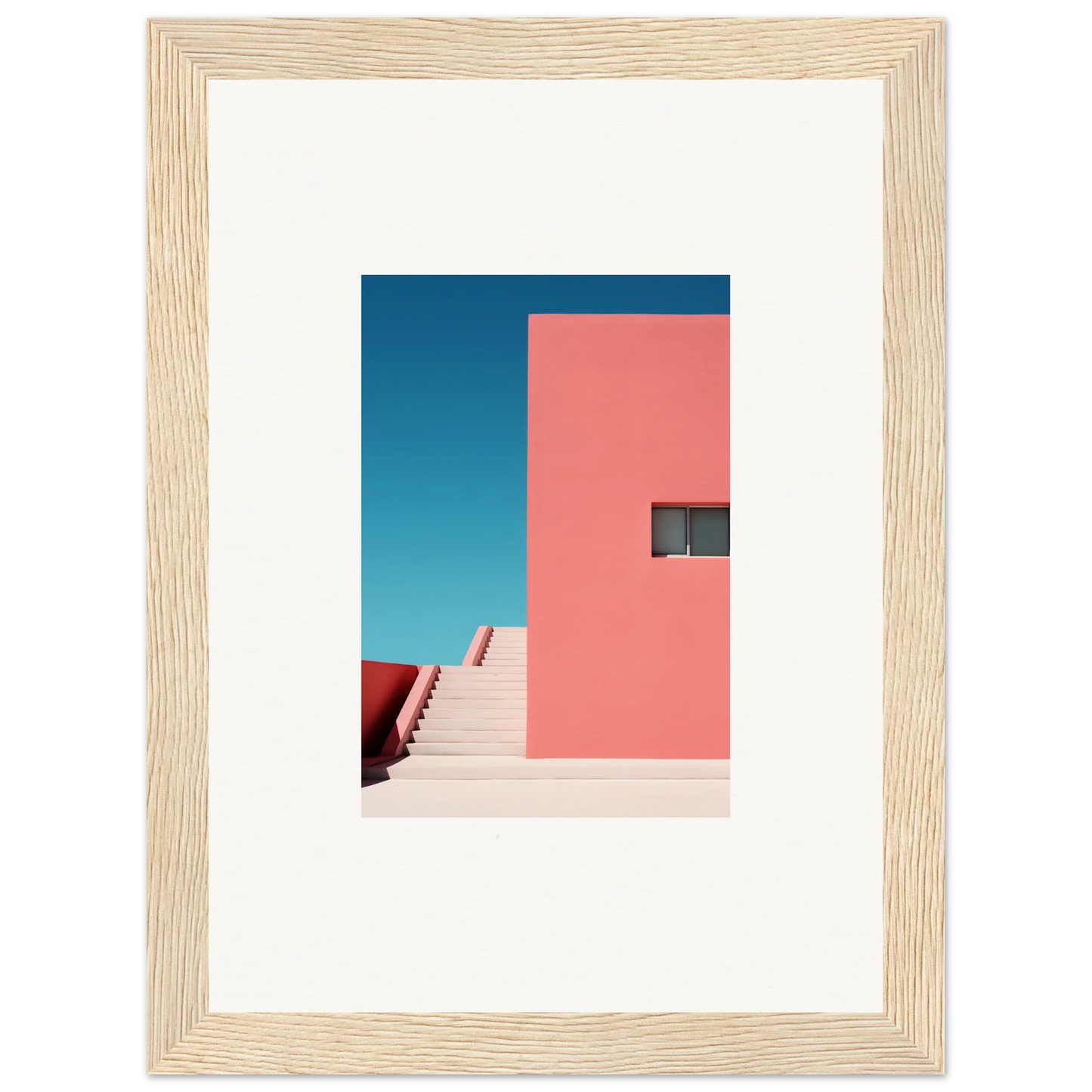 Minimalist pink wall with stairs and window, part of Cerulean Dream Ickles framed wall art