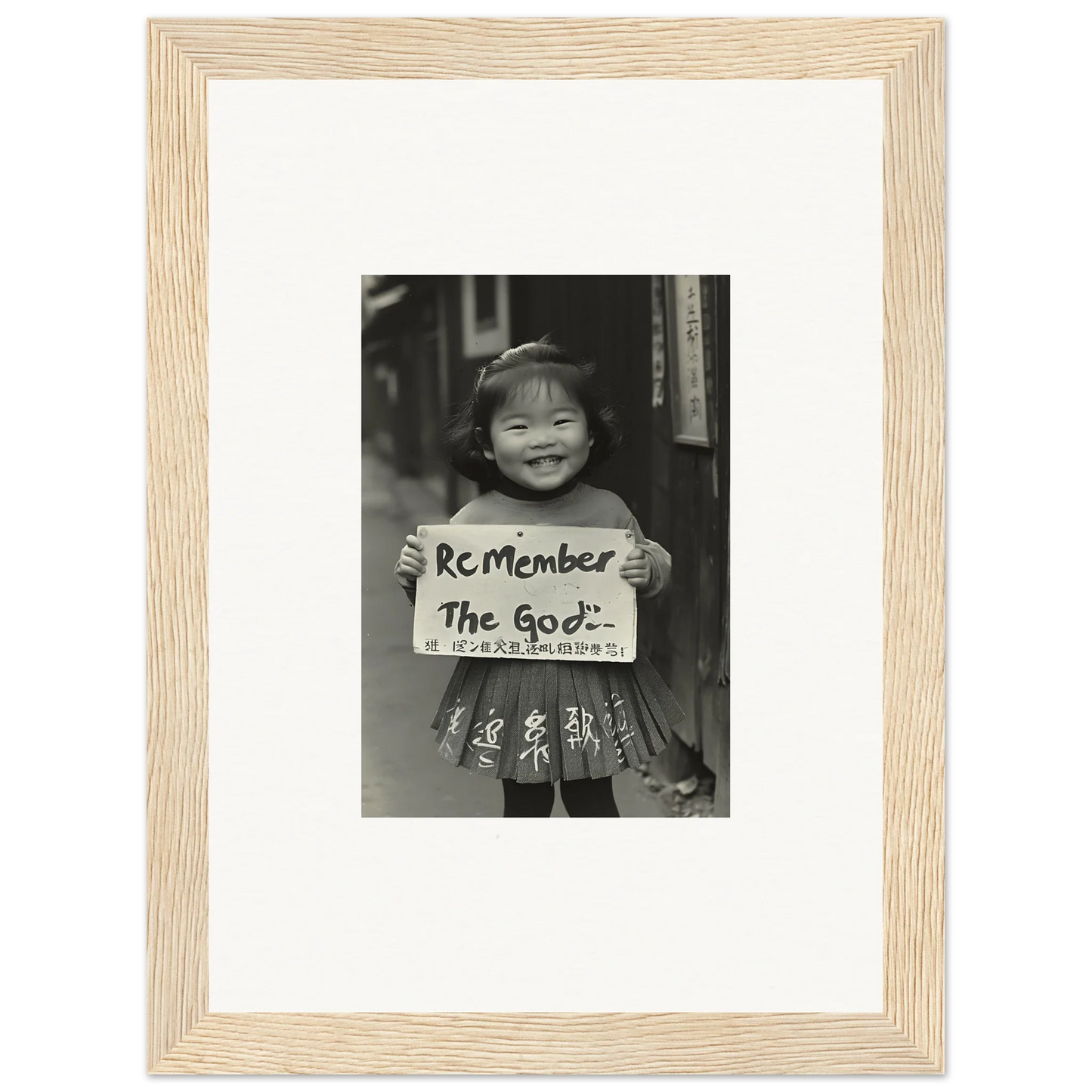 Black and white photo of a child with a sign in Sacred Smile Echoes framed wall art