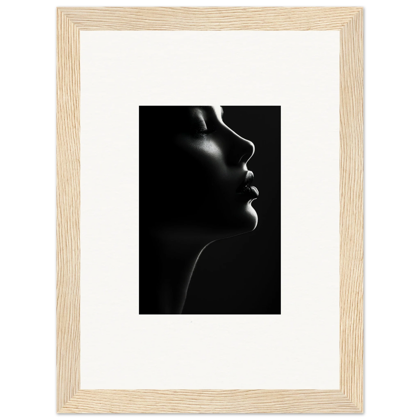 Dramatic black and white silhouette’s siren profile with rim light on premium framed wall