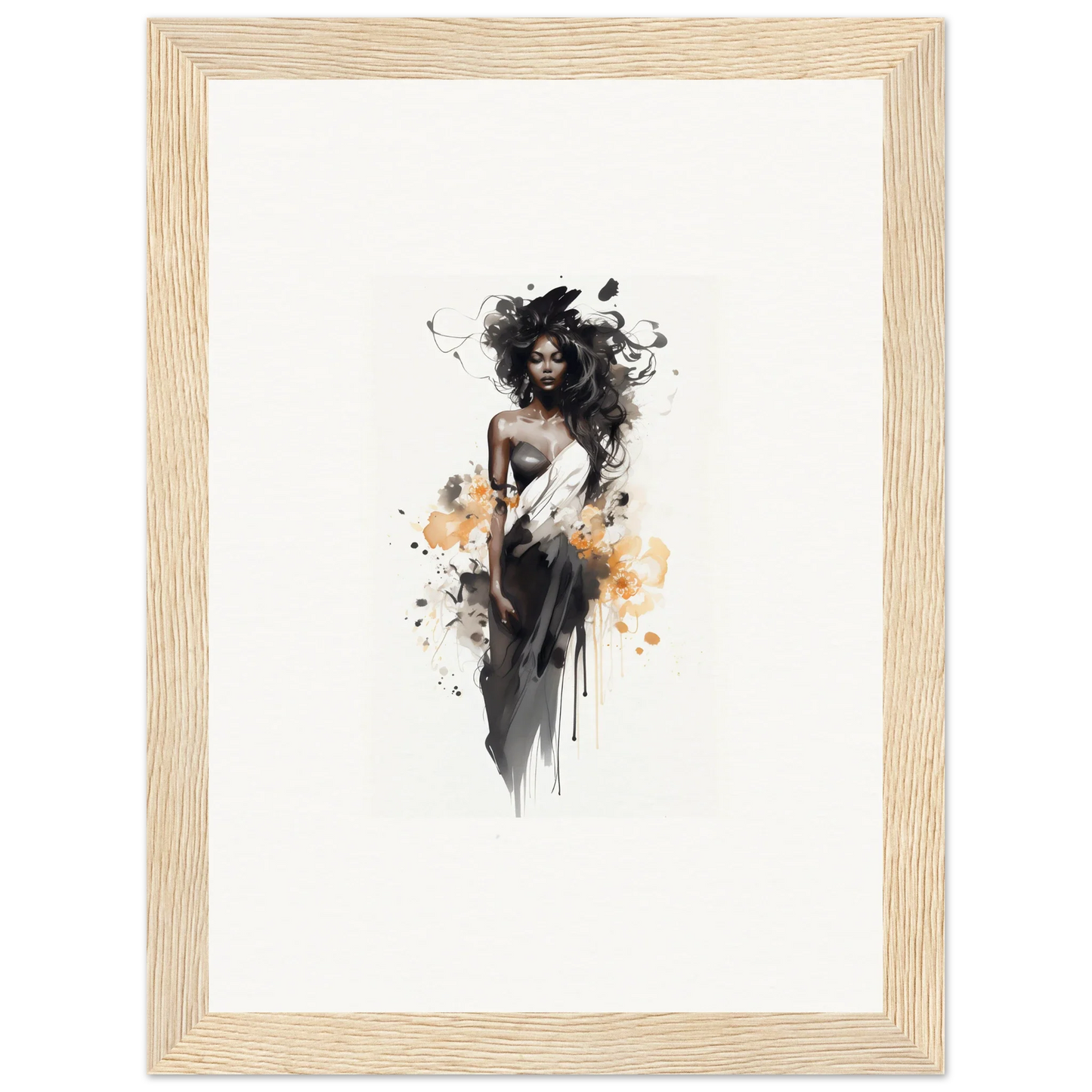 Artistic black and orange watercolor figure with flowing hair in Harlequin Suns Wash