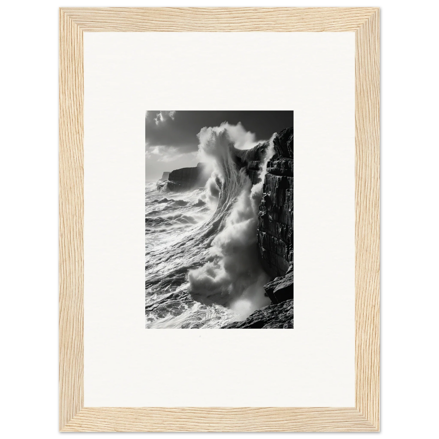 Dramatic black and white ocean wave crashing against cliffs in Tidal Curved Reality art