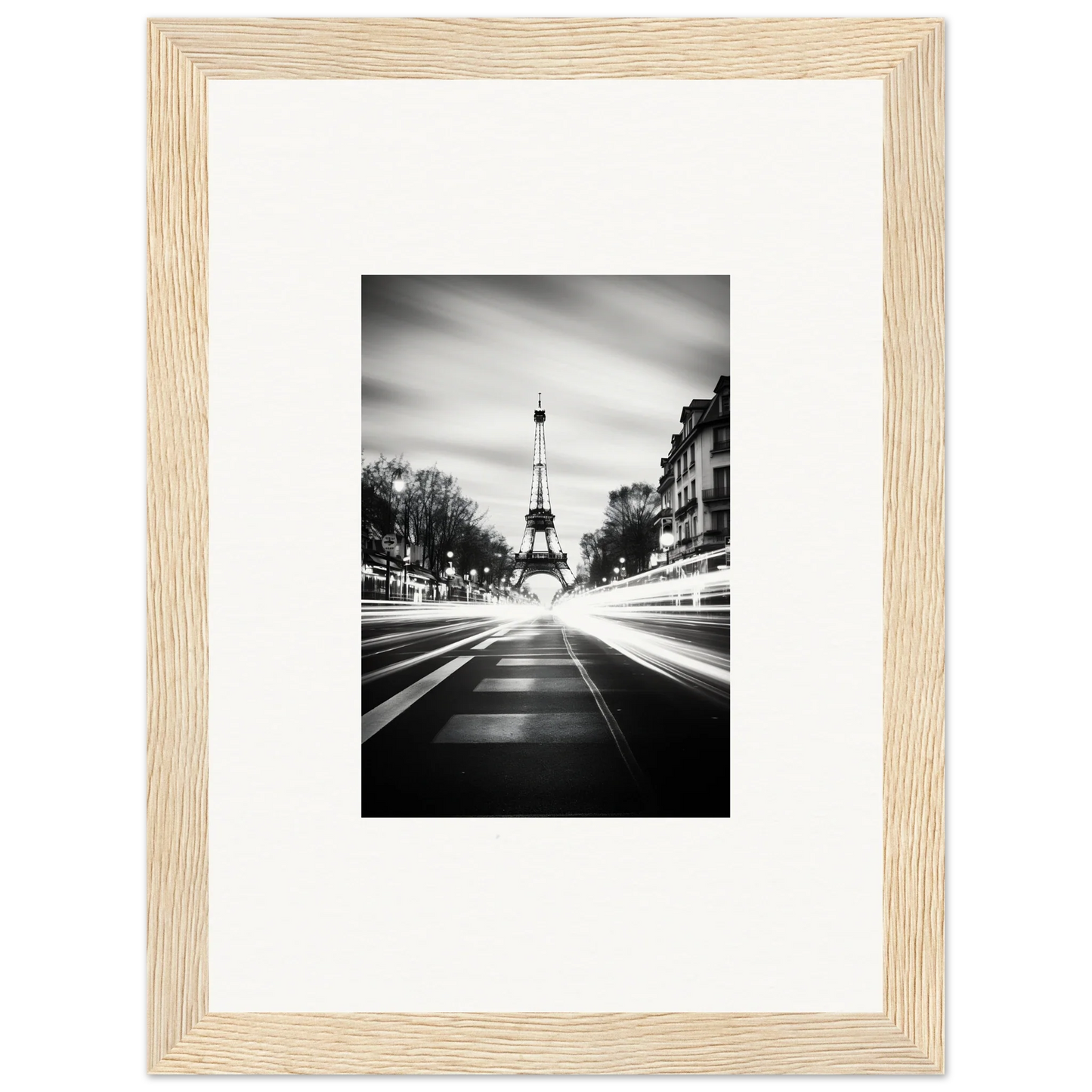 Black and white Eiffel Tower photo in a wooden frame, part of Synth Wave Elysium collection