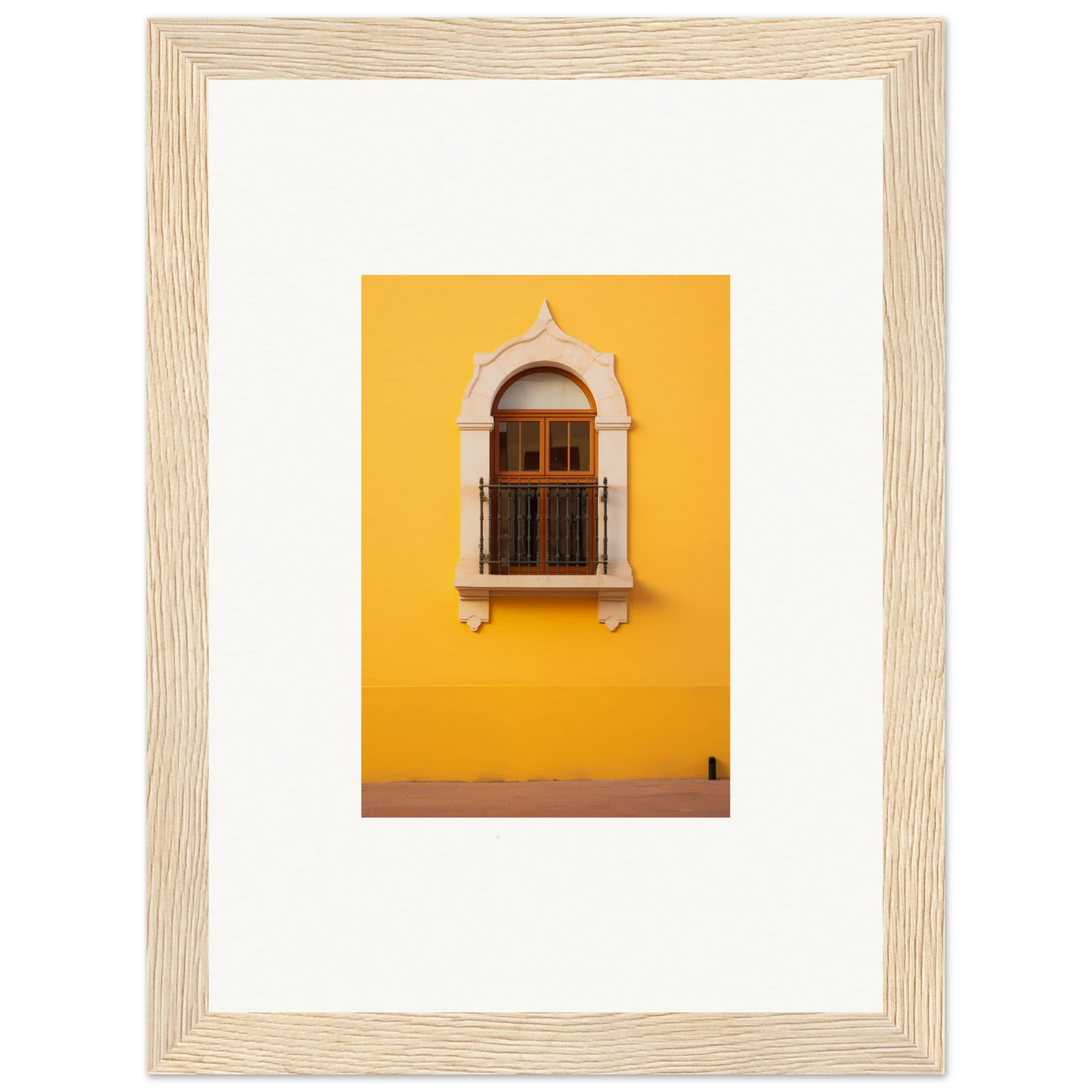 Arched wooden window with trim on a yellow wall in Golden Portal Reverie art piece