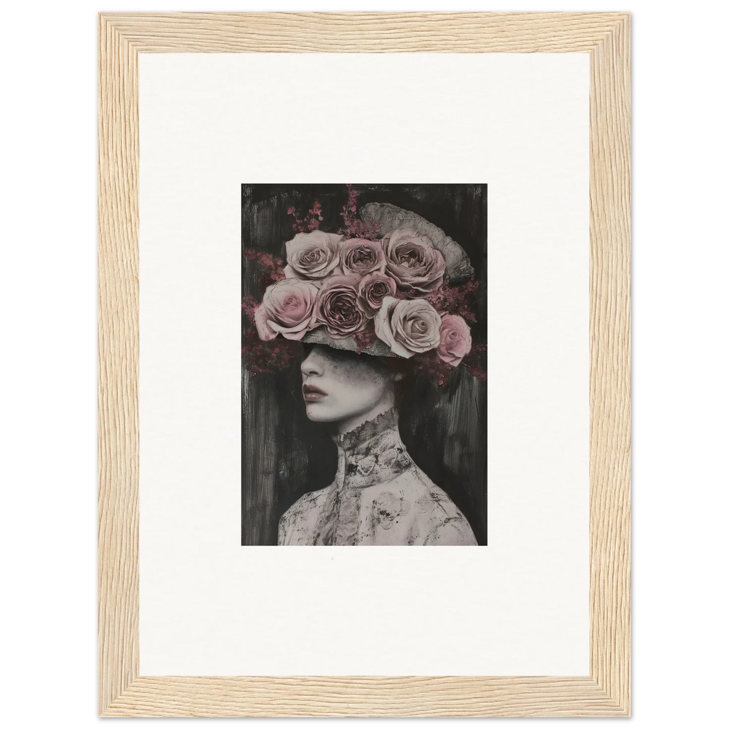 Framed black and white art of a figure in a Floral Odyssey Veil with rose hat