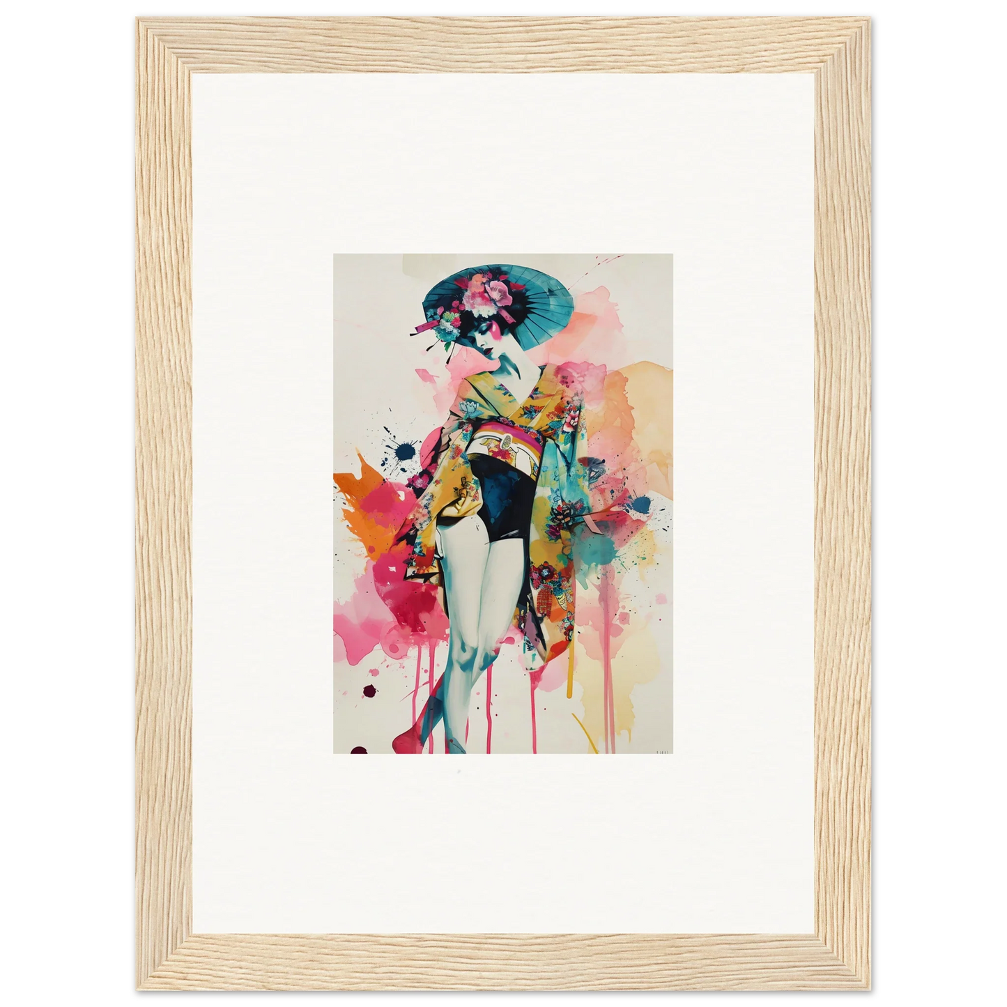 Colorful abstract painting of a female figure in a kimono, perfect for wall art decor