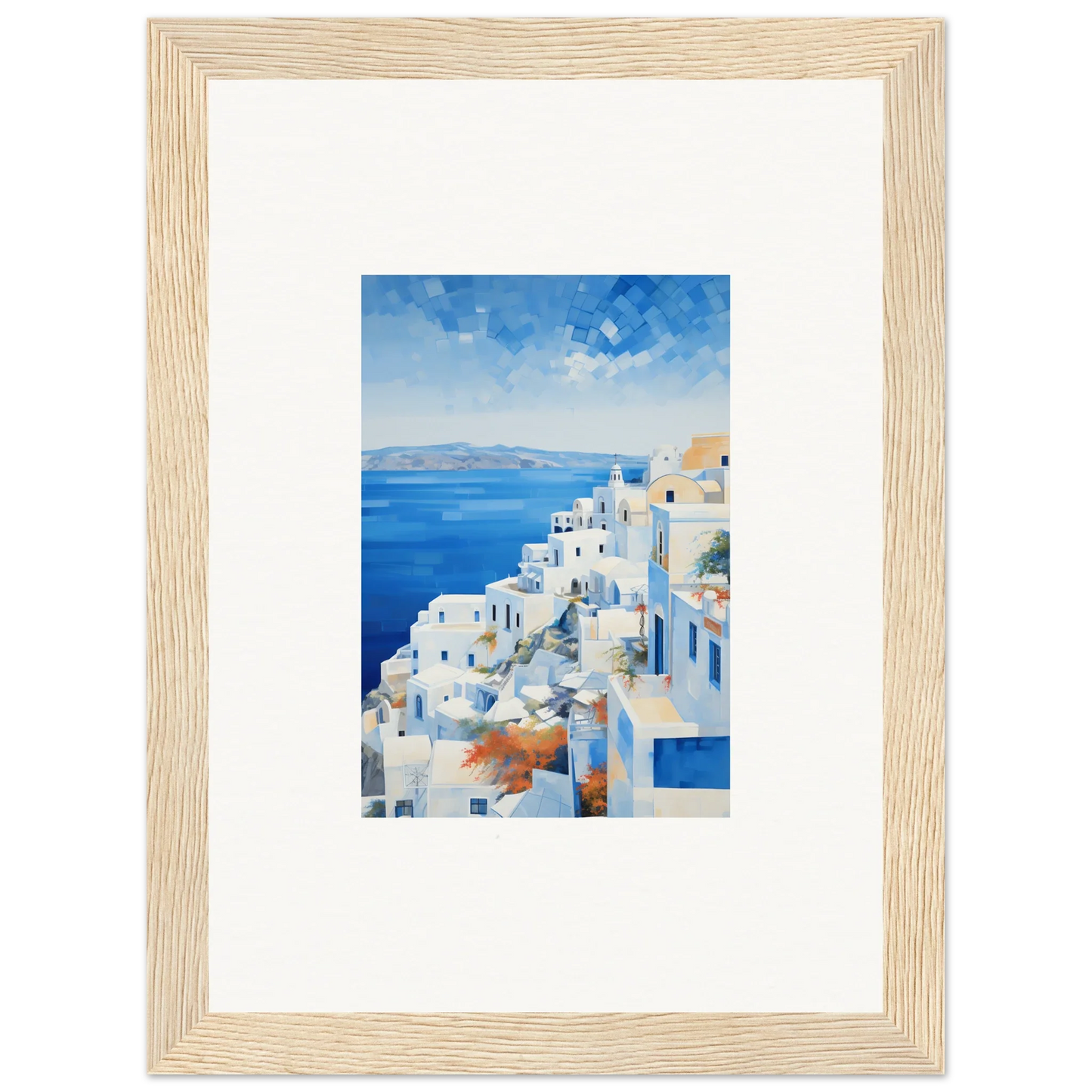 Framed wall art of Ethereal Azure Echoes featuring white buildings in Santorini