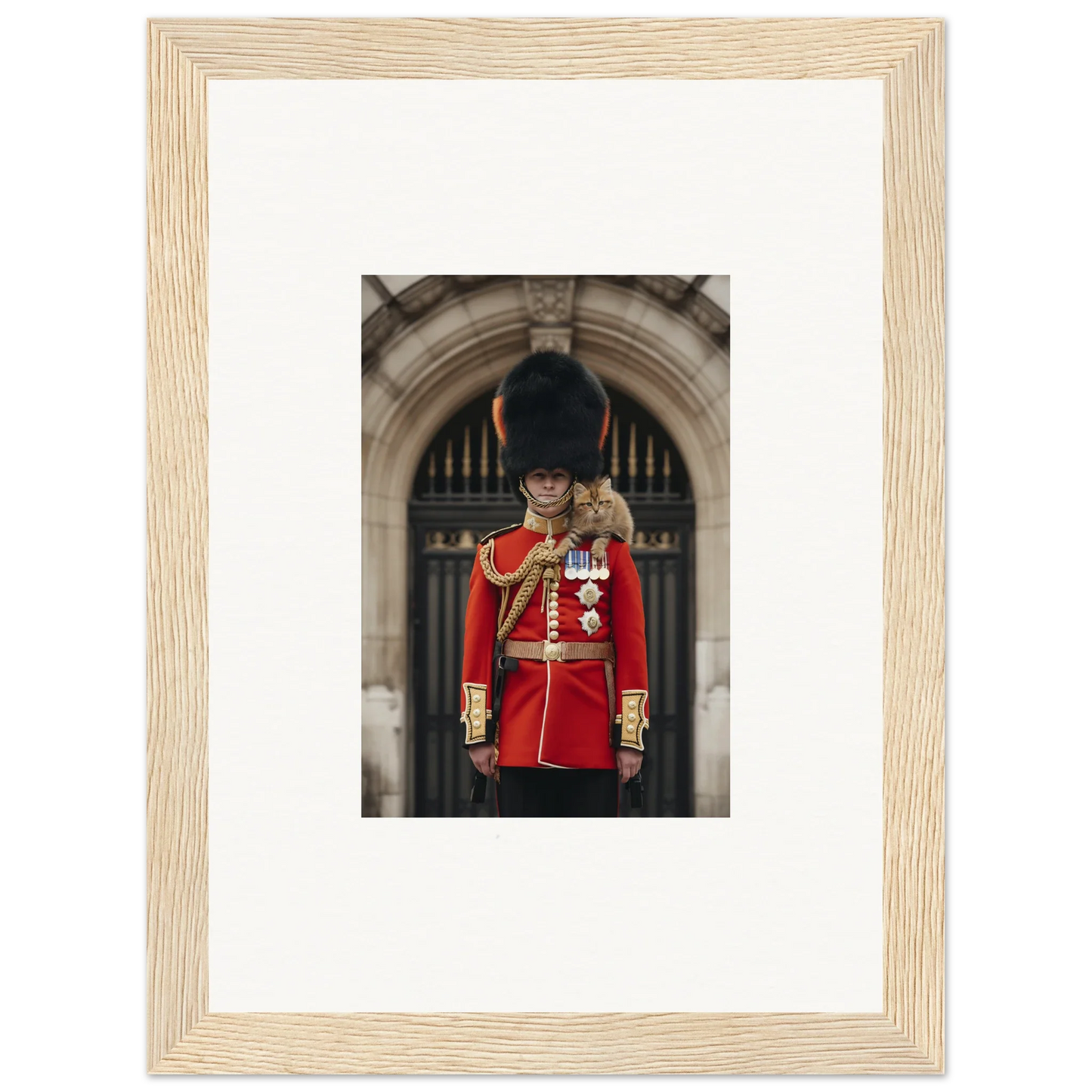 Royal guard in red uniform with medals, featured in Royal Red Reverie framed wall art