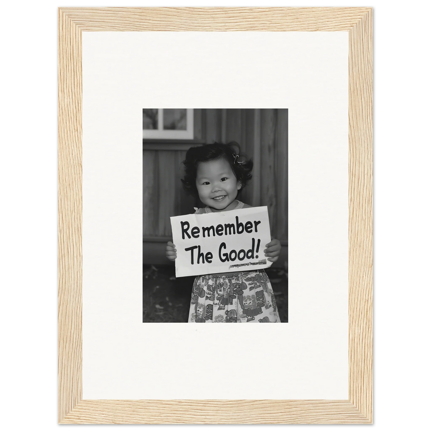 Black and white photo in light wood frame with Remember The Good sign for Essence Savor Whispers