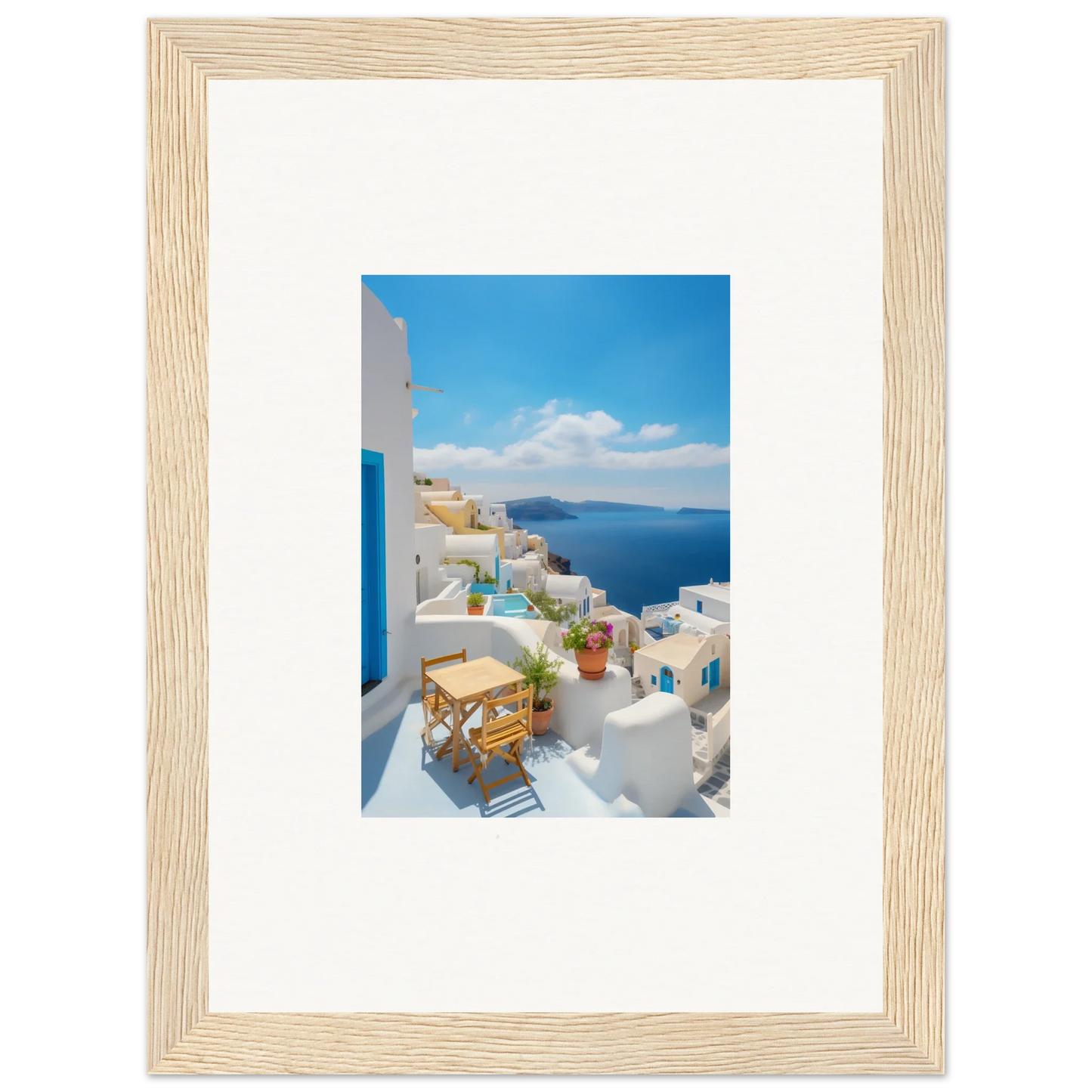 Framed poster of Santorini’s white buildings and blue sea in Dream-Touched Odyssey