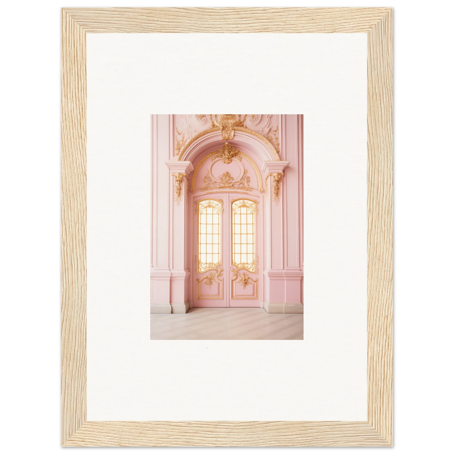 Ornate pink double doors with arches in Ethereal Rose Haven framed wall art design