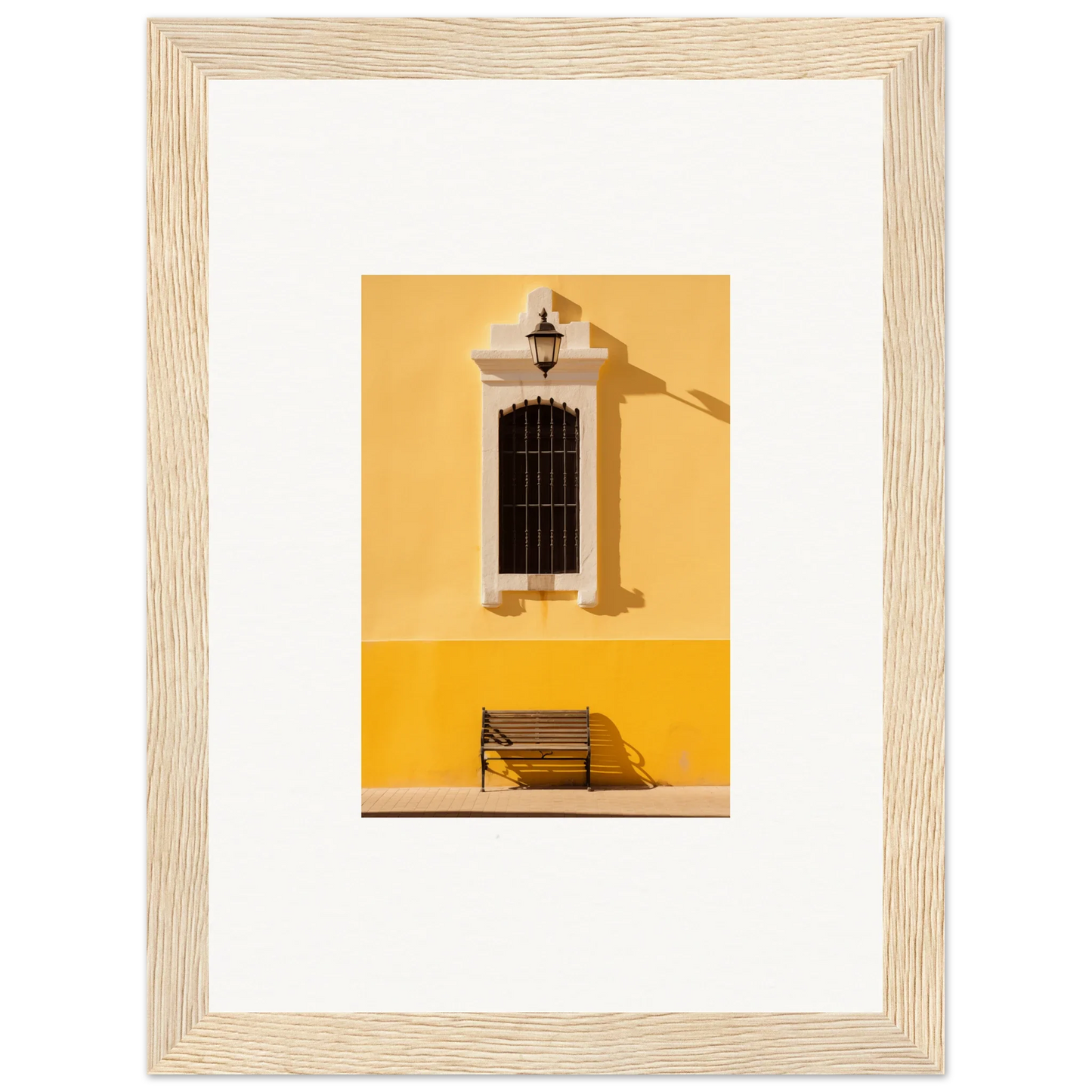 Wooden-framed premium wall art of a yellow wall with decorative window and bench