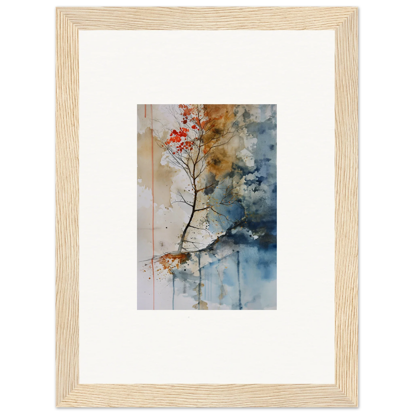 Framed watercolor wall art of a tree branch with red leaves for cozy room decoration