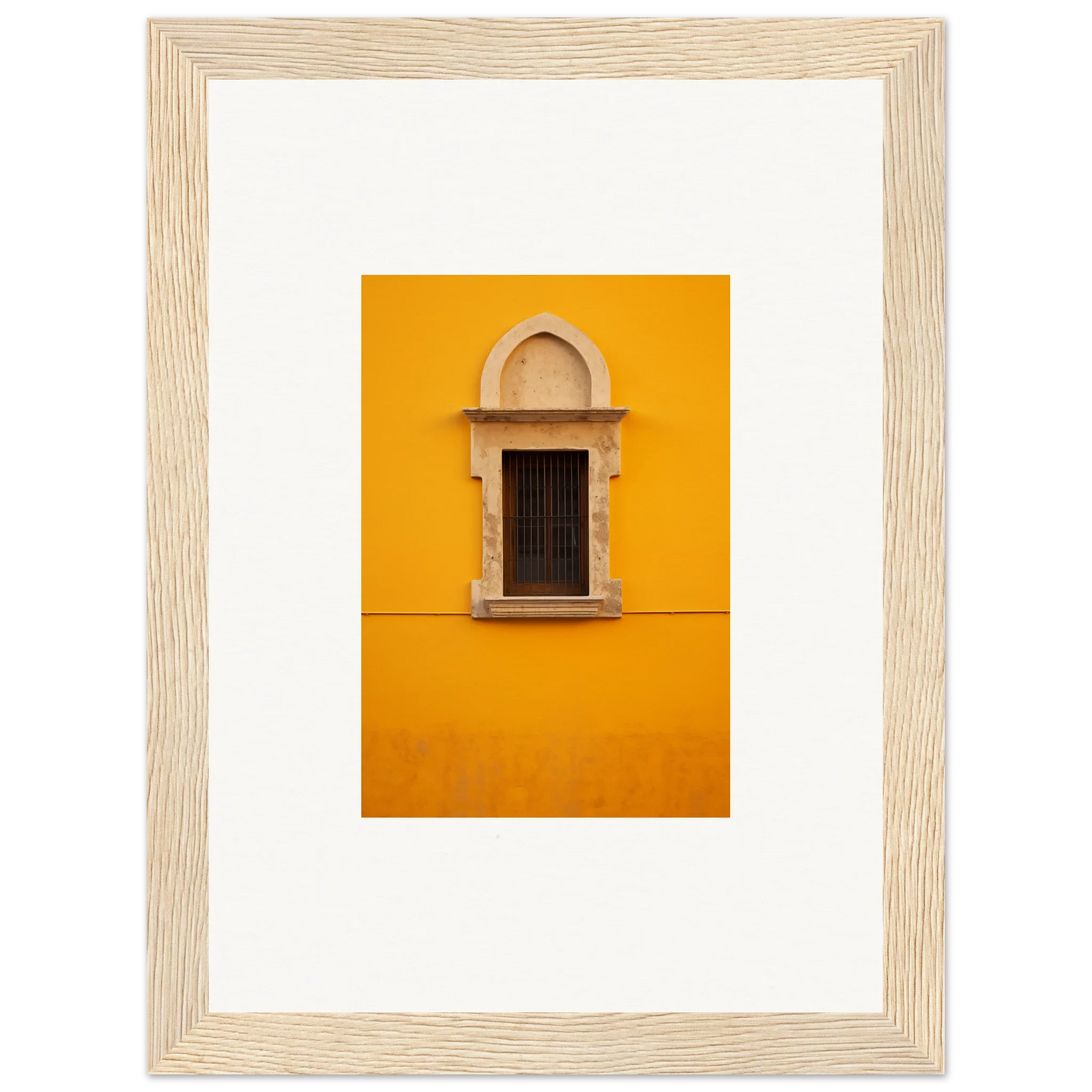 Ornate stone window frame on a bright yellow wall for Golden Correspondence Portal framed wall art