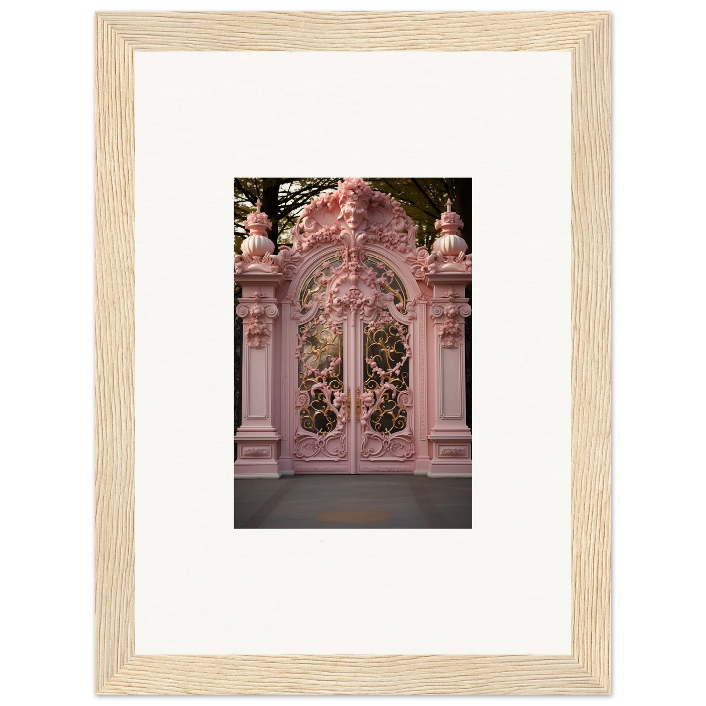 Opulent Doorscape Divinity features ornate pink baroque gates with intricate metalwork
