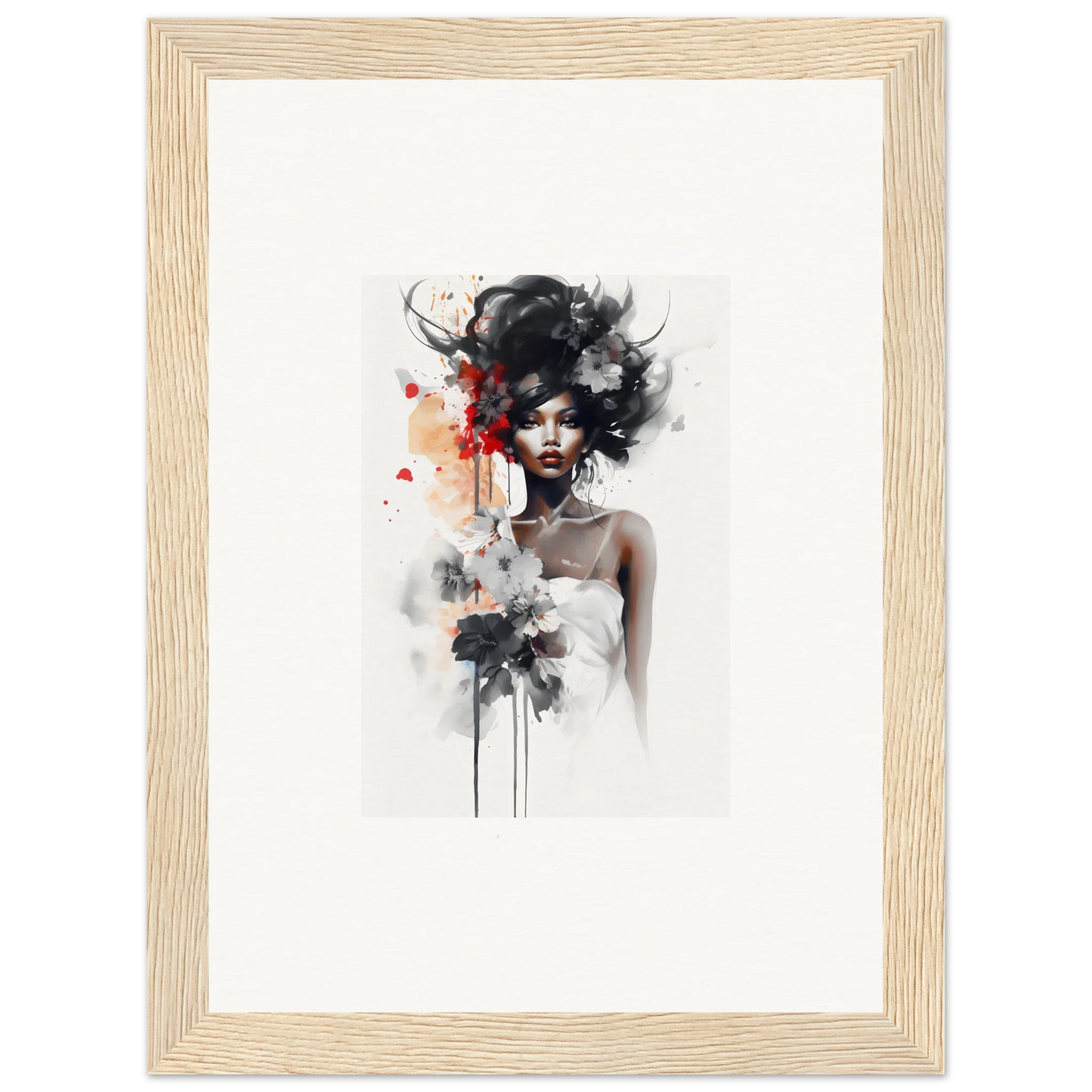 Artistic watercolor portrait with dramatic black hair and red accents in Sultry Reverie