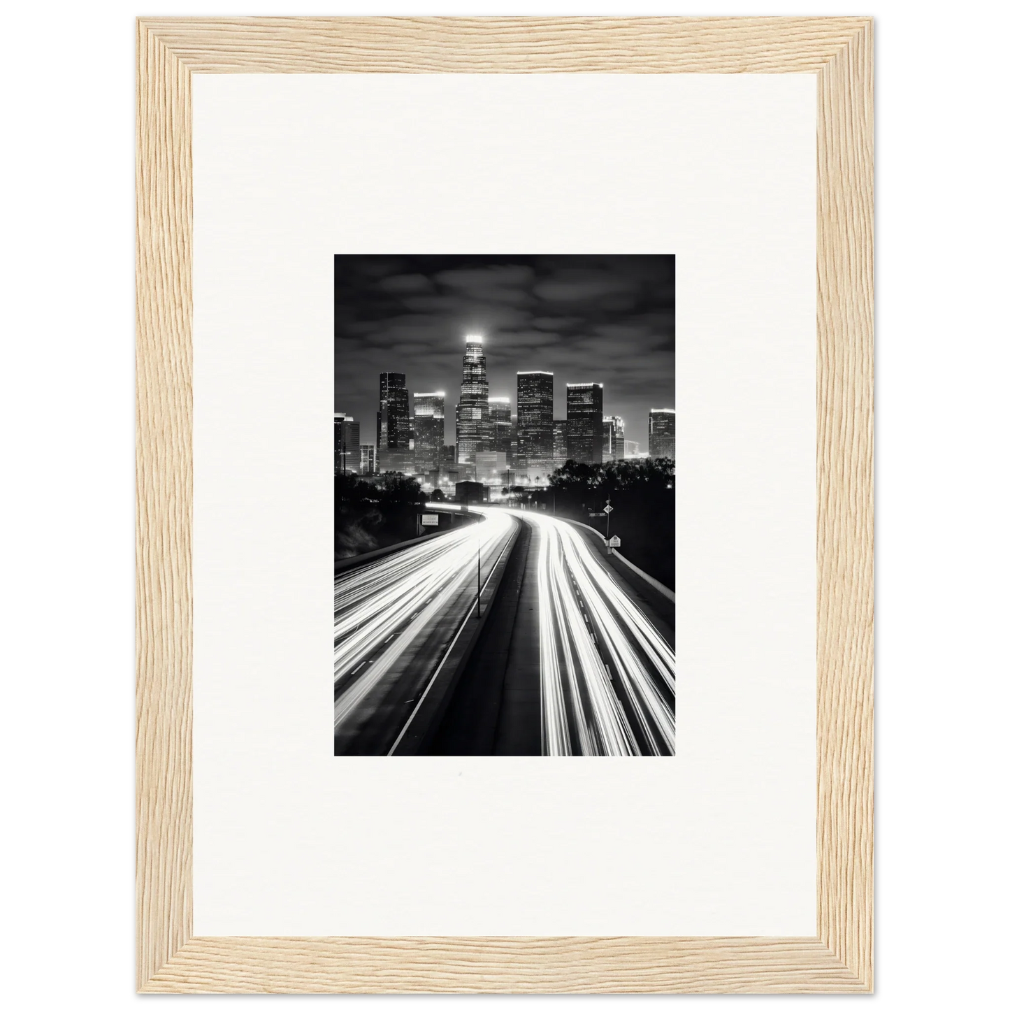 Black and white city skyline with light trails, a stunning piece of framed wall art