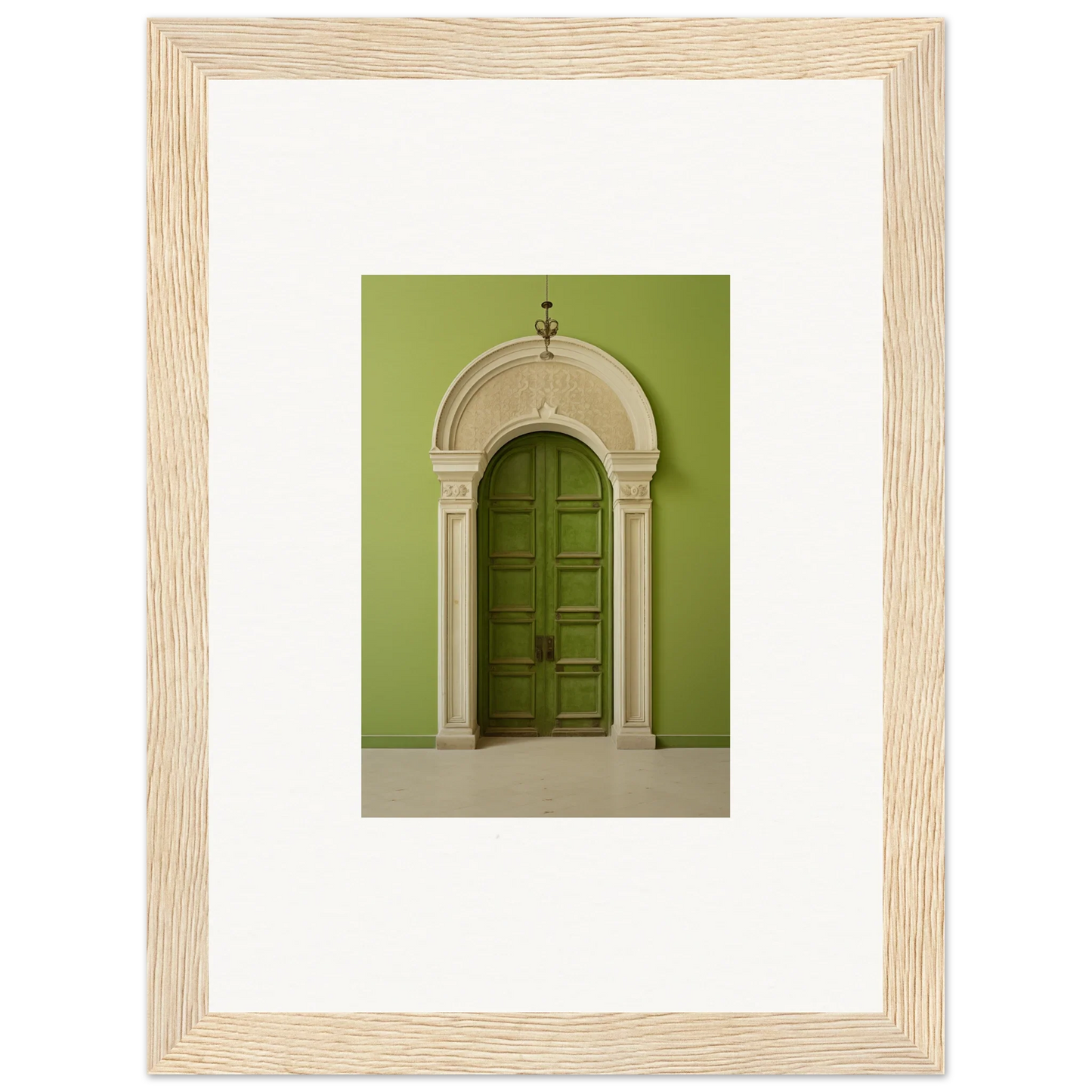 Elegant arched green door with ornate white stone, part of Verdant Luminary Portal art