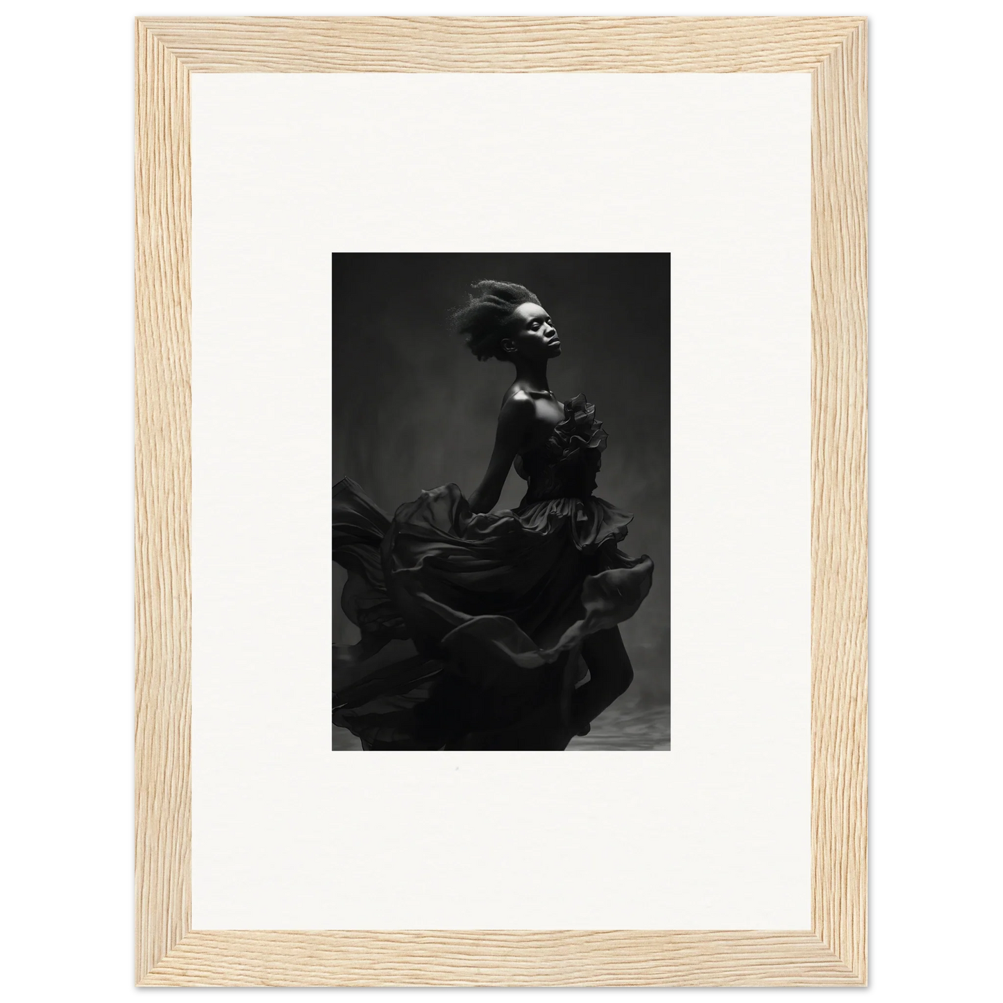 Dramatic black and white image of a figure in a ruffled dress from Veiled Nigretto Whispers