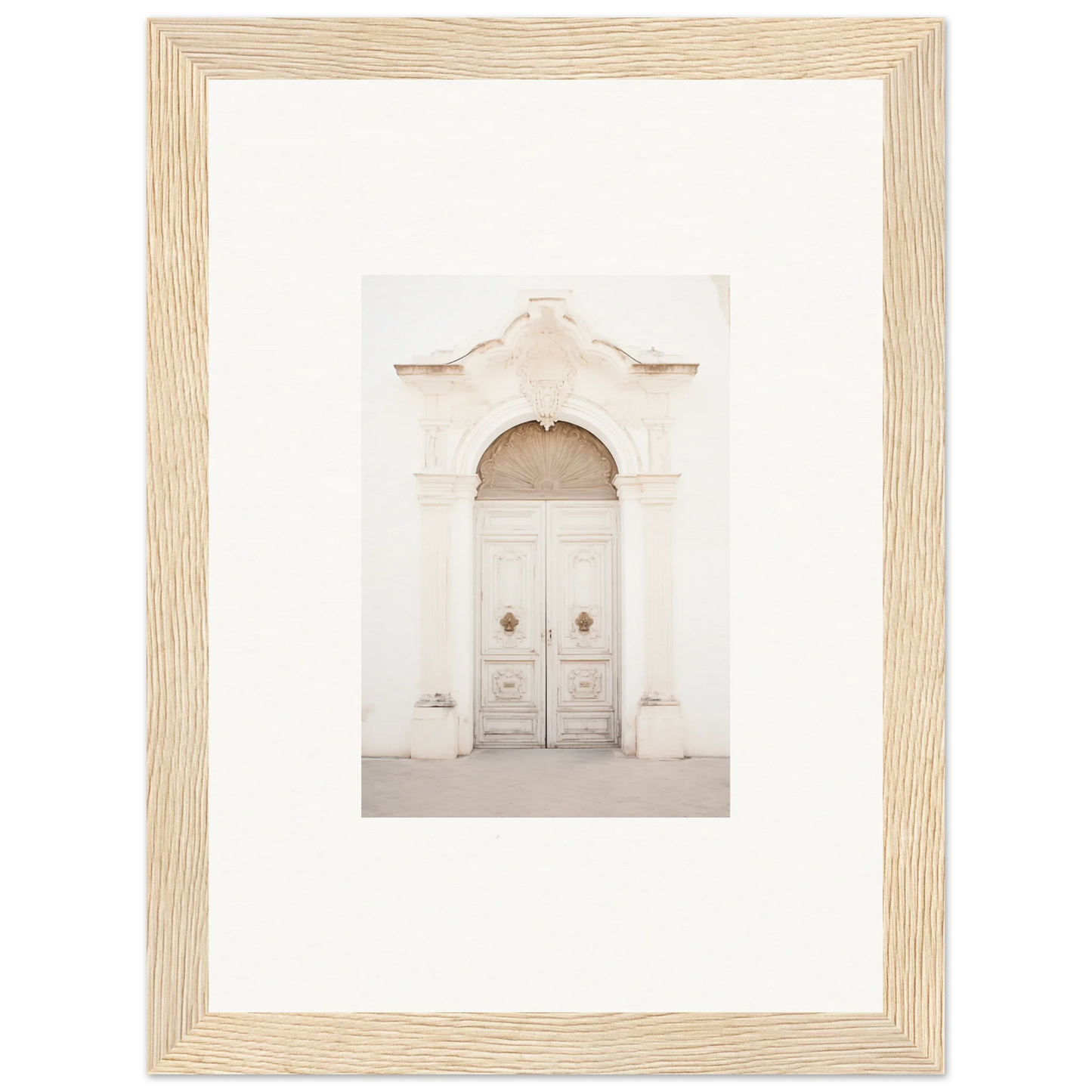 White wooden double door with ornate detailing from Faded Elegance Whispers framed wall art
