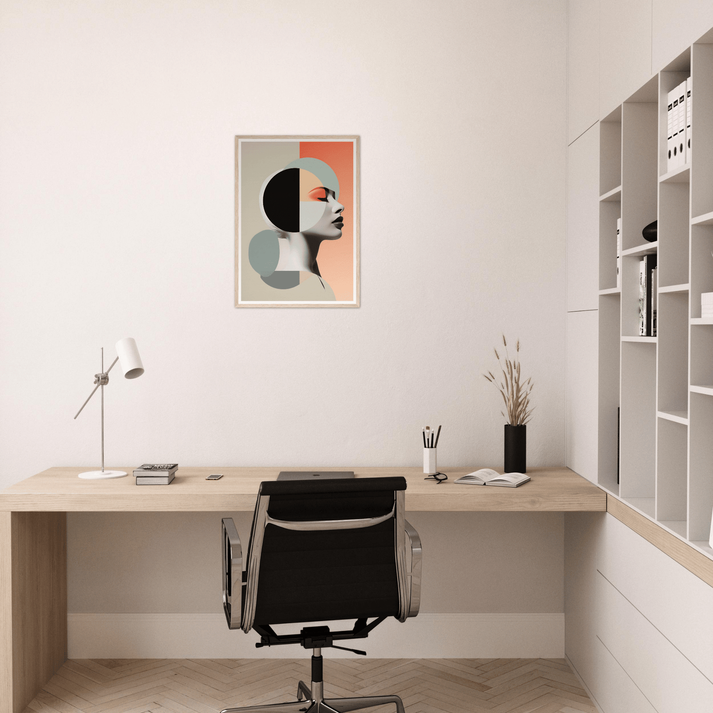 Minimalist home office workspace with a desk, chair, and abstract wall art.