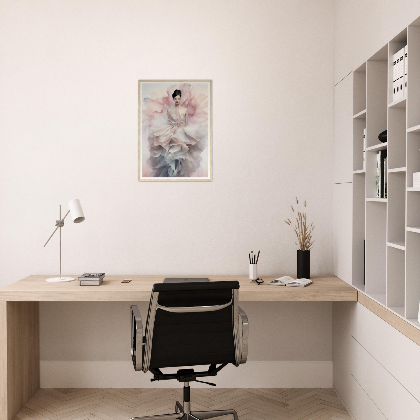 Minimalist wooden desk with a black office chair in a clean, white workspace.