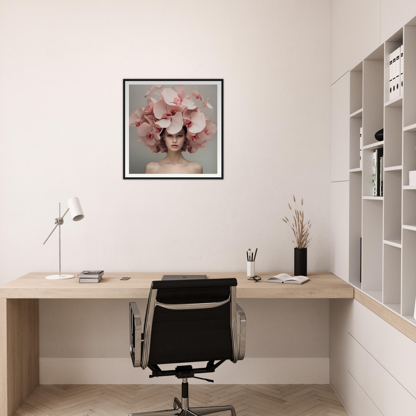 Minimalist home office workspace with a wooden desk, black office chair, and framed floral artwork.